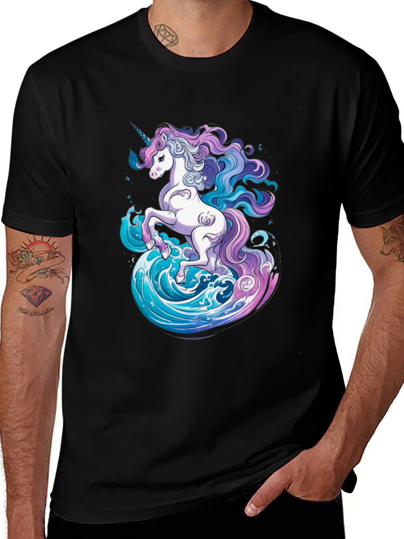 Unicorn Waves Graphic Tee - Black Cotton T-Shirt
