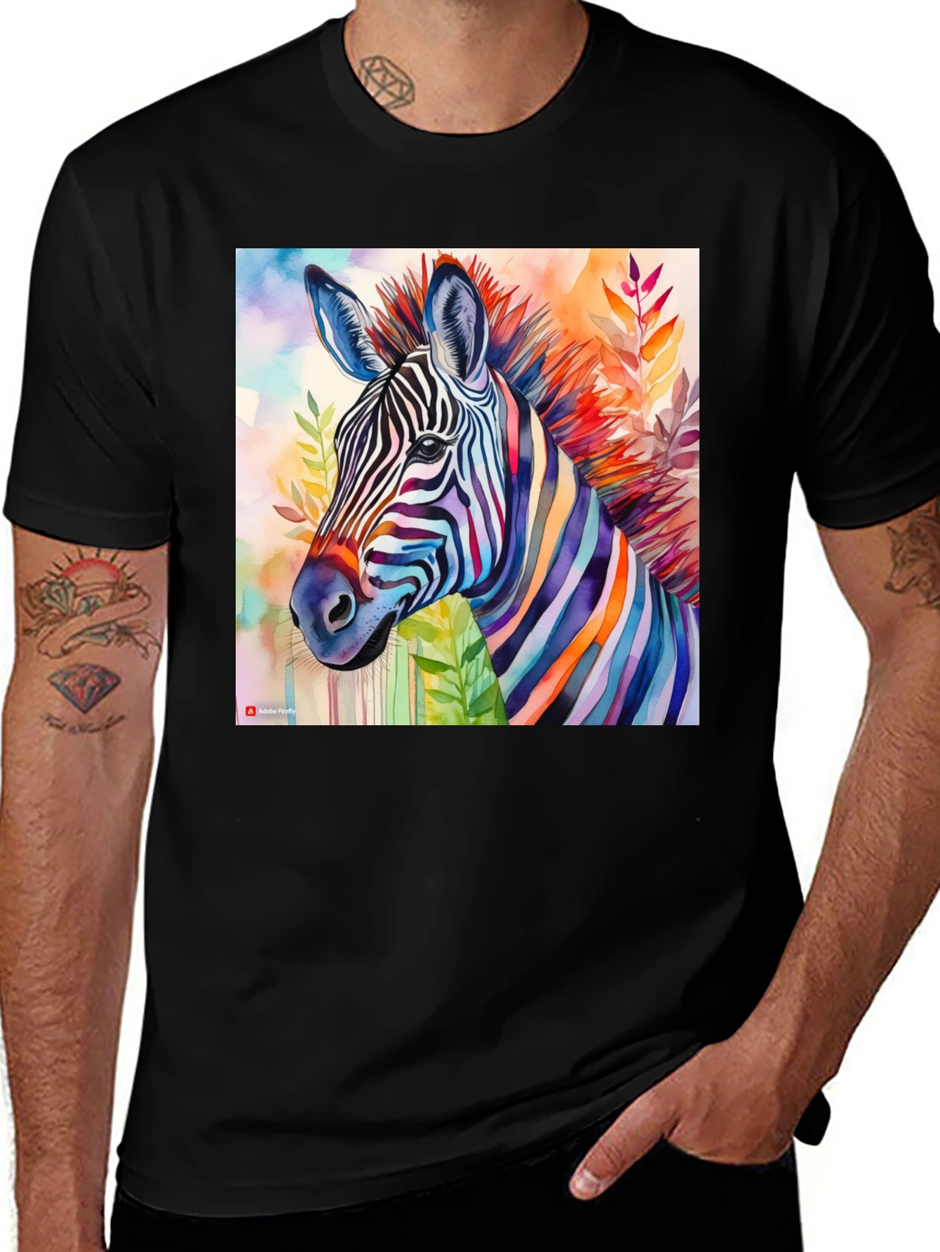 Variant 20 of Vibrant Zebra Watercolor Graphic Tee - Stylish Men's T-Shirt