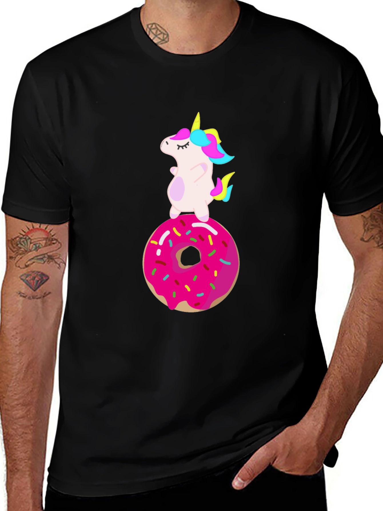 Variant 23 of Unicorn on Donut Graphic Tee - Black Cotton Shirt