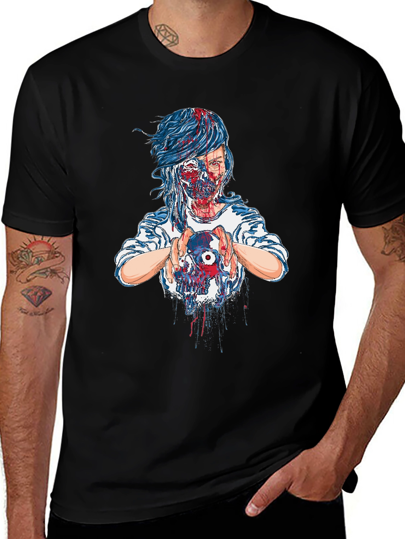 Variant 6 of Zombie Woman with Skull Graphic Black T-Shirt