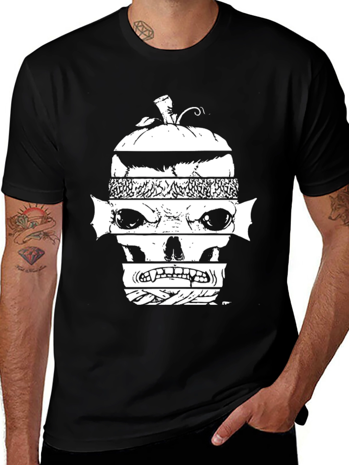Variant 29 of Halloween Pumpkin Skull Graphic Tee - Black