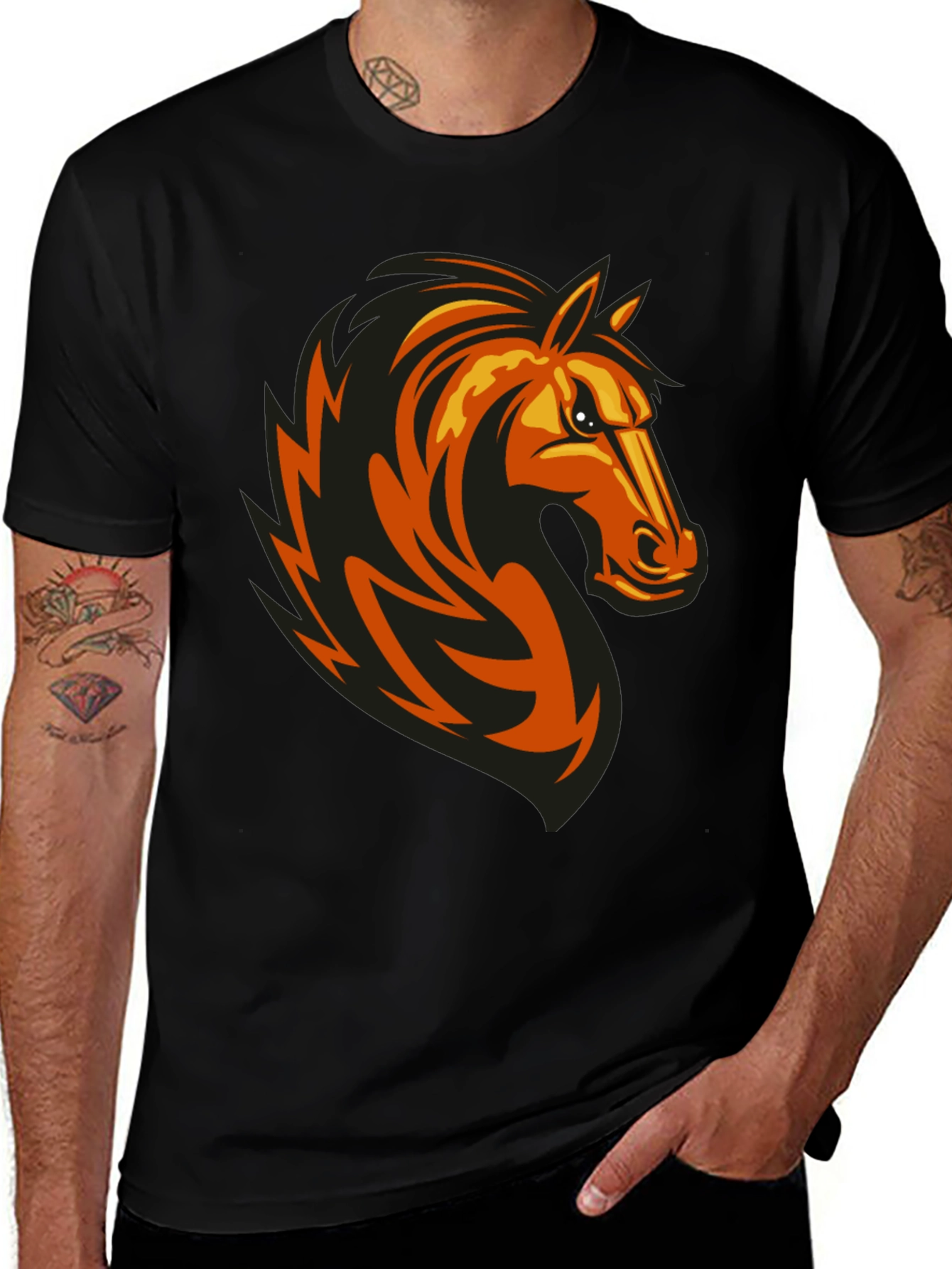 Variant 12 of Men's Black Tee with Horse Graphic