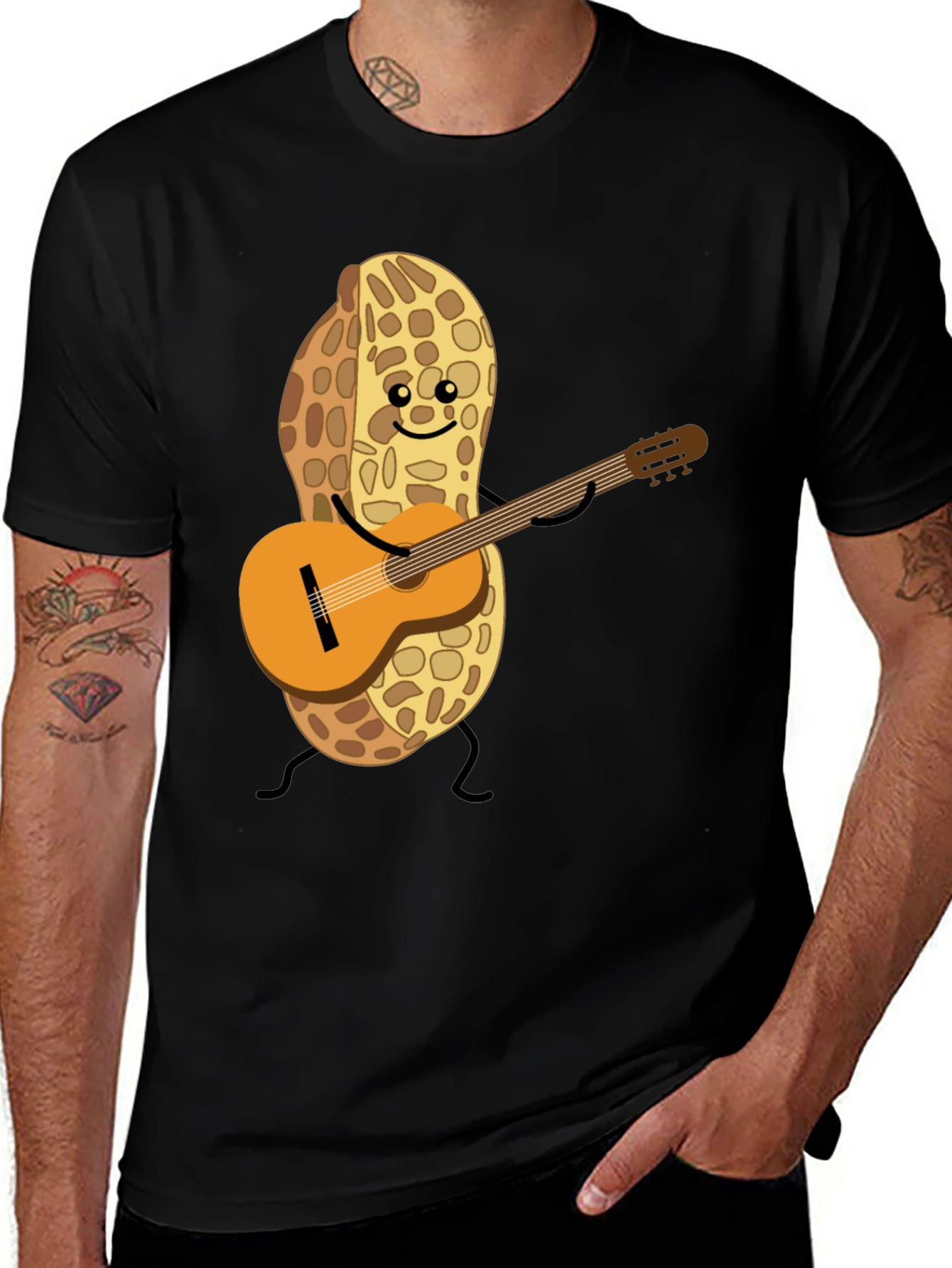 Variant 17 of Playful Peanut Guitarist Graphic Tee - Black Cotton Shirt