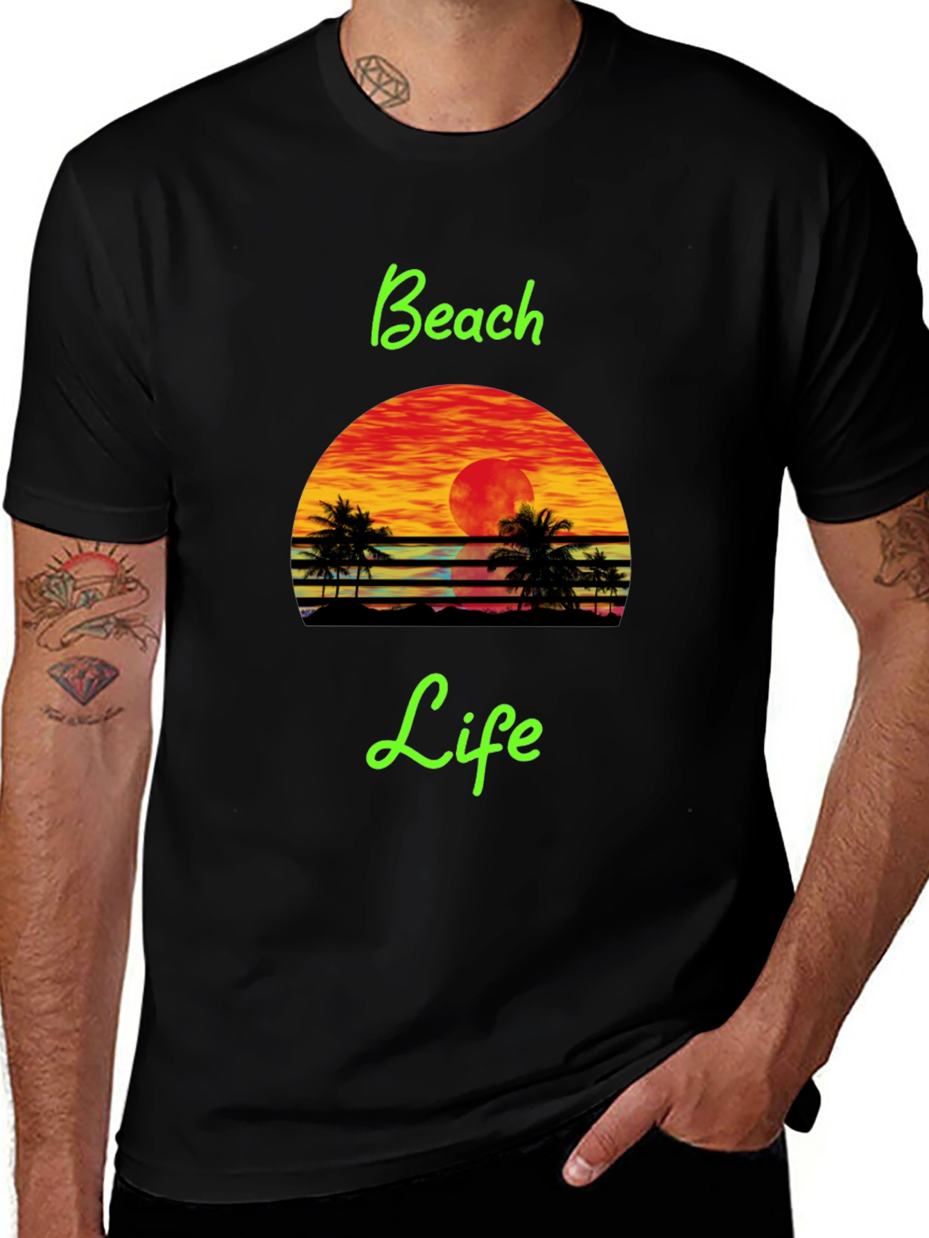 Variant 22 of Beach Life Black T-Shirt Retro Sunset Palm Tree Design
