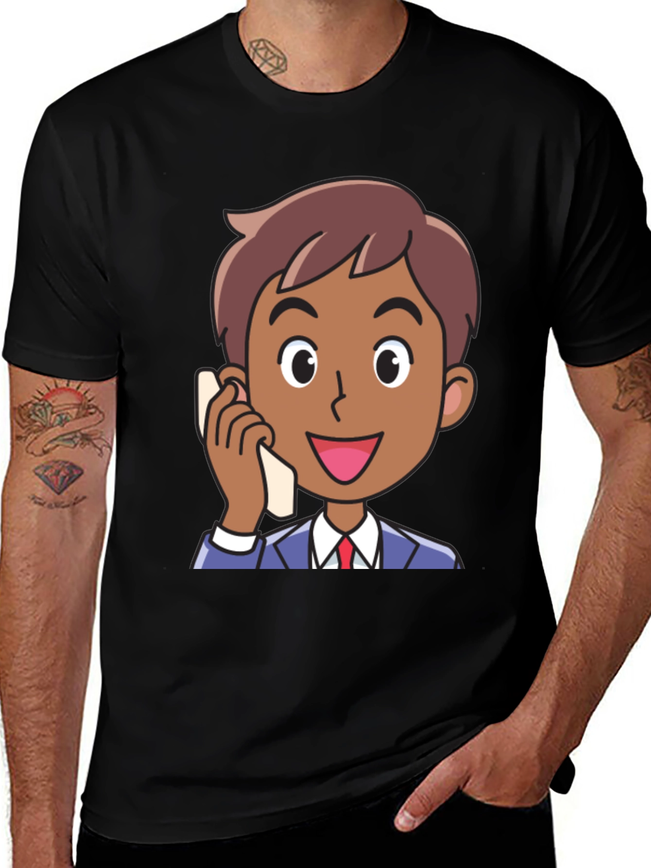 Variant 26 of Cartoon Businessman Talking on Phone Black T-Shirt
