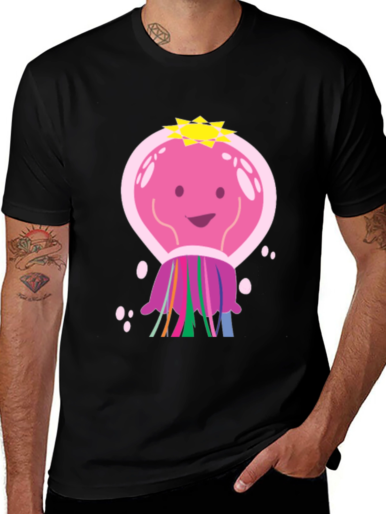 Variant 9 of Cartoon Jellyfish Graphic Tee - Black Cotton T-Shirt
