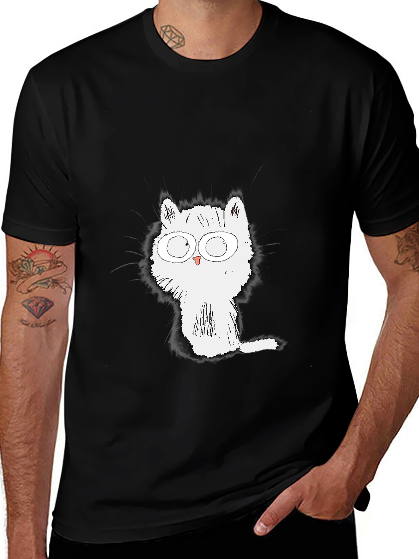 Variant 29 of Cute Cartoon Cat Graphic Tee - Black Cotton T-Shirt