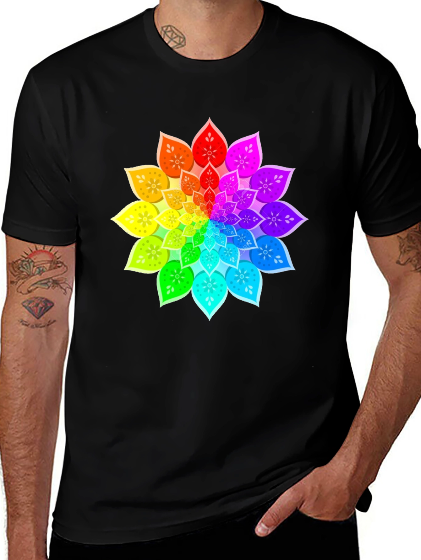 Variant 15 of Rainbow Mandala Graphic Black T-Shirt