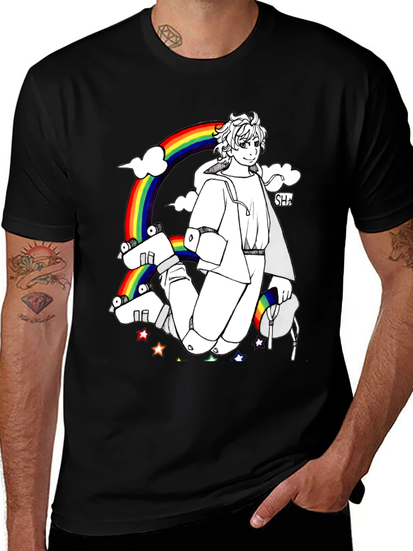 Rainbow Anime Graphic Black T-Shirt