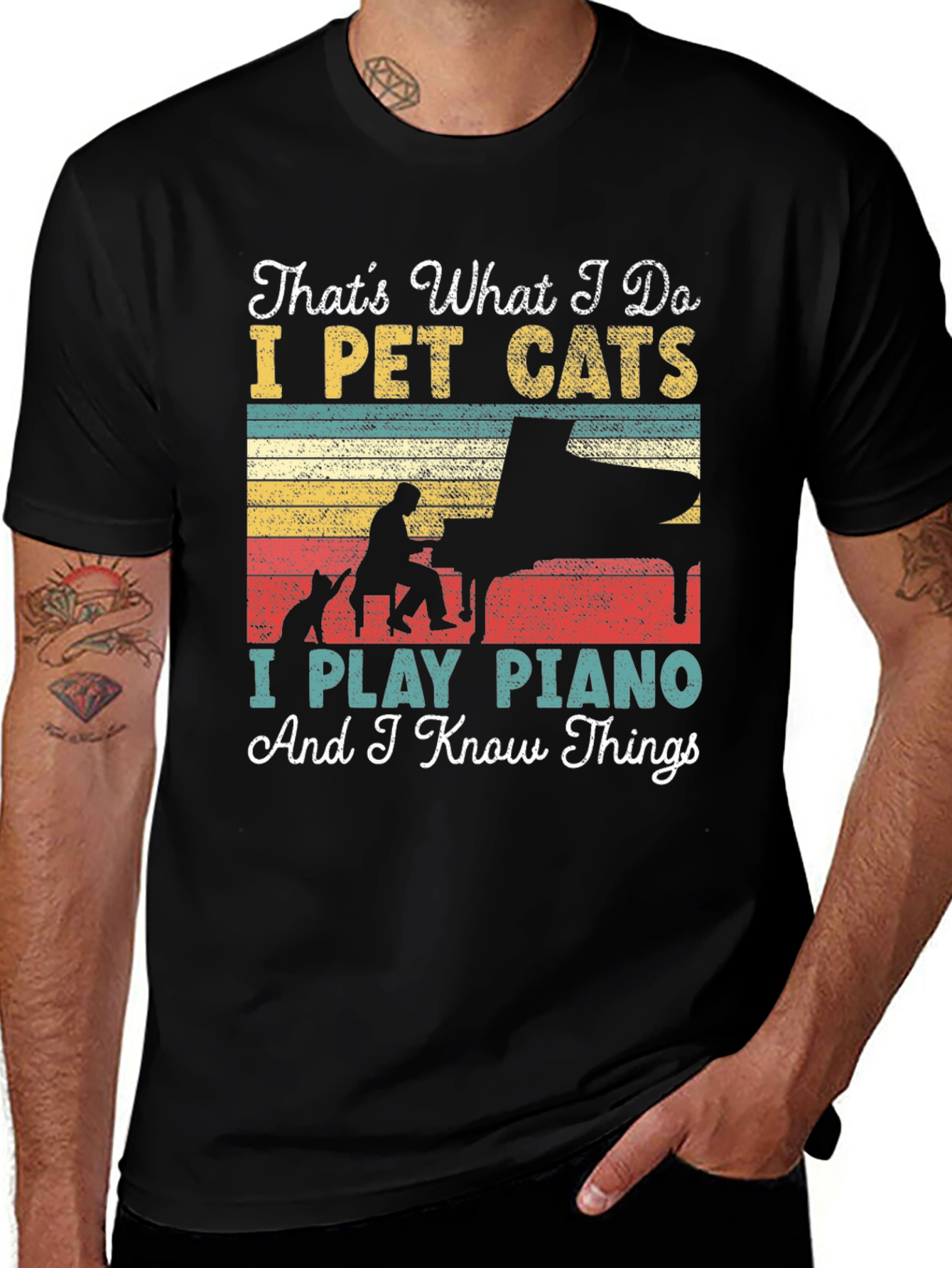 Variant 6 of I Pet Cats I Play Piano Men's Graphic Tee