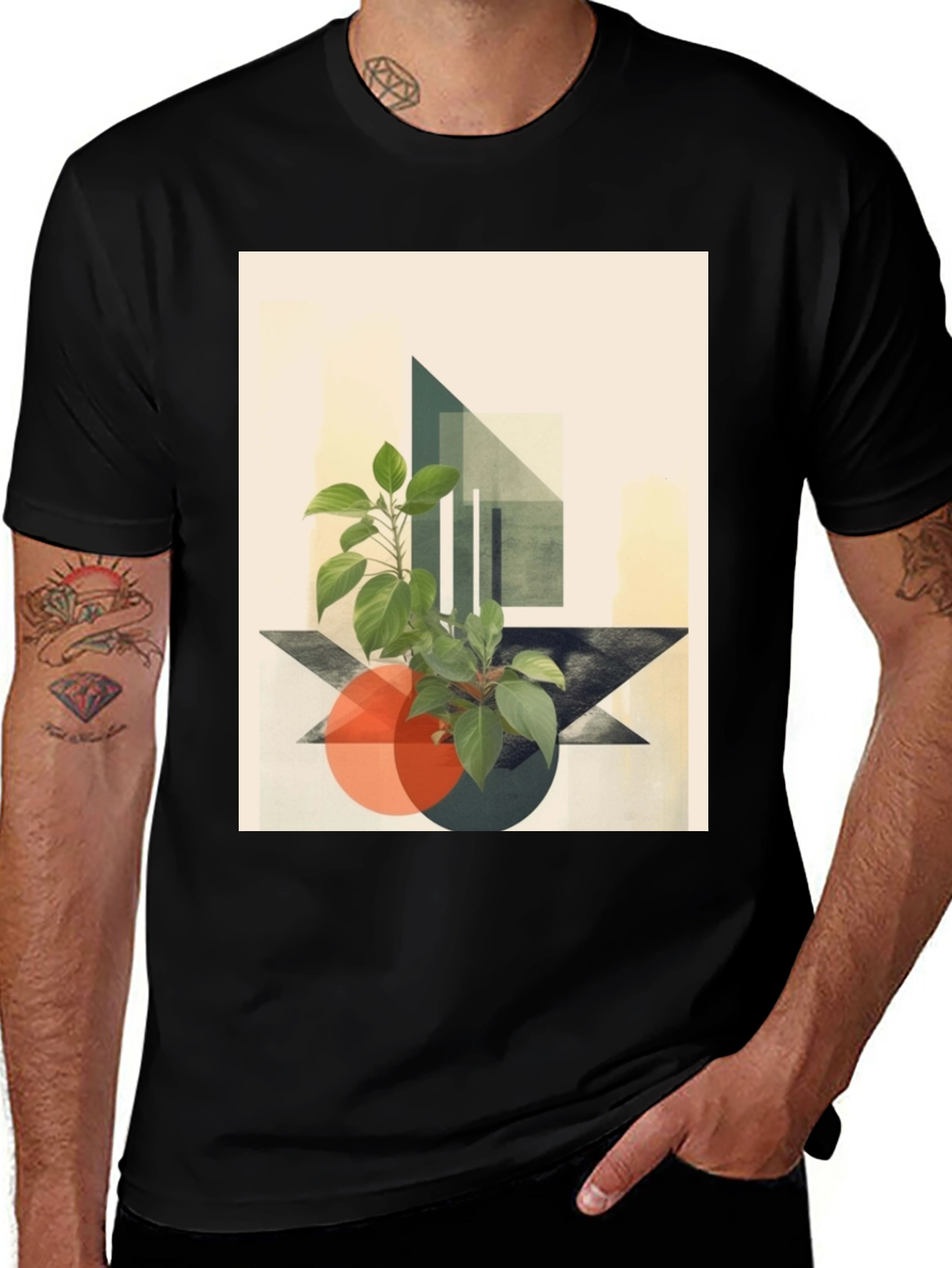 Black Abstract Geometric Plant T-Shirt main image