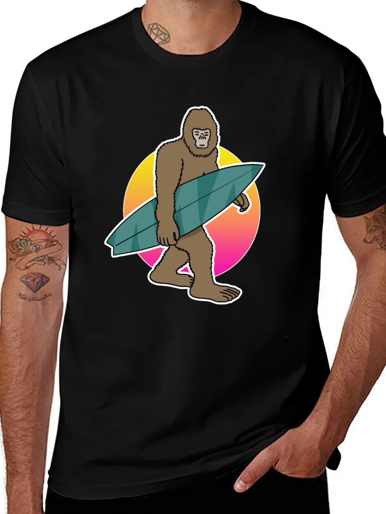 Bigfoot Surfer T-Shirt - Retro Sunset Design