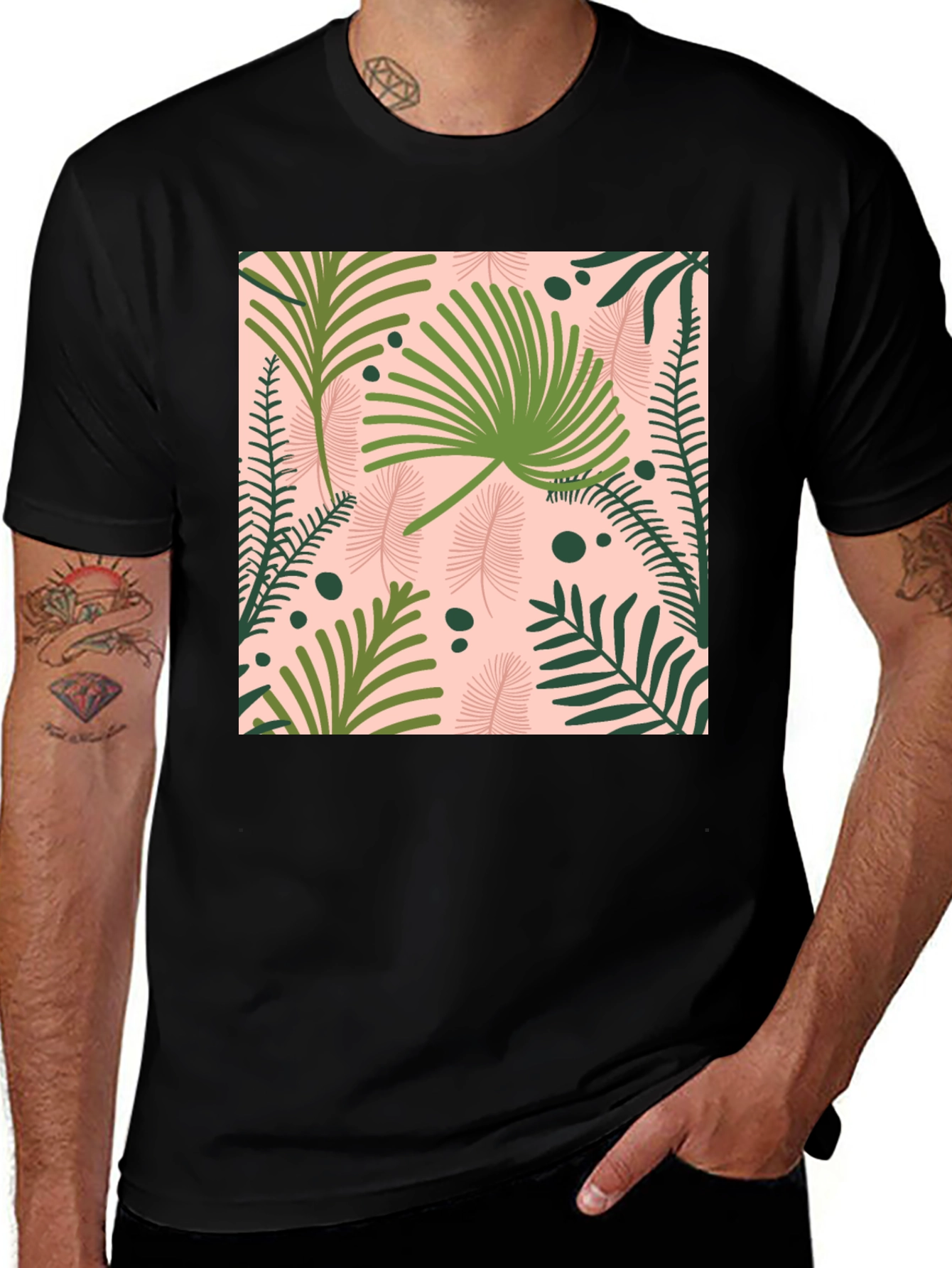Variant 11 of Tropical Leaves Print Black T-Shirt