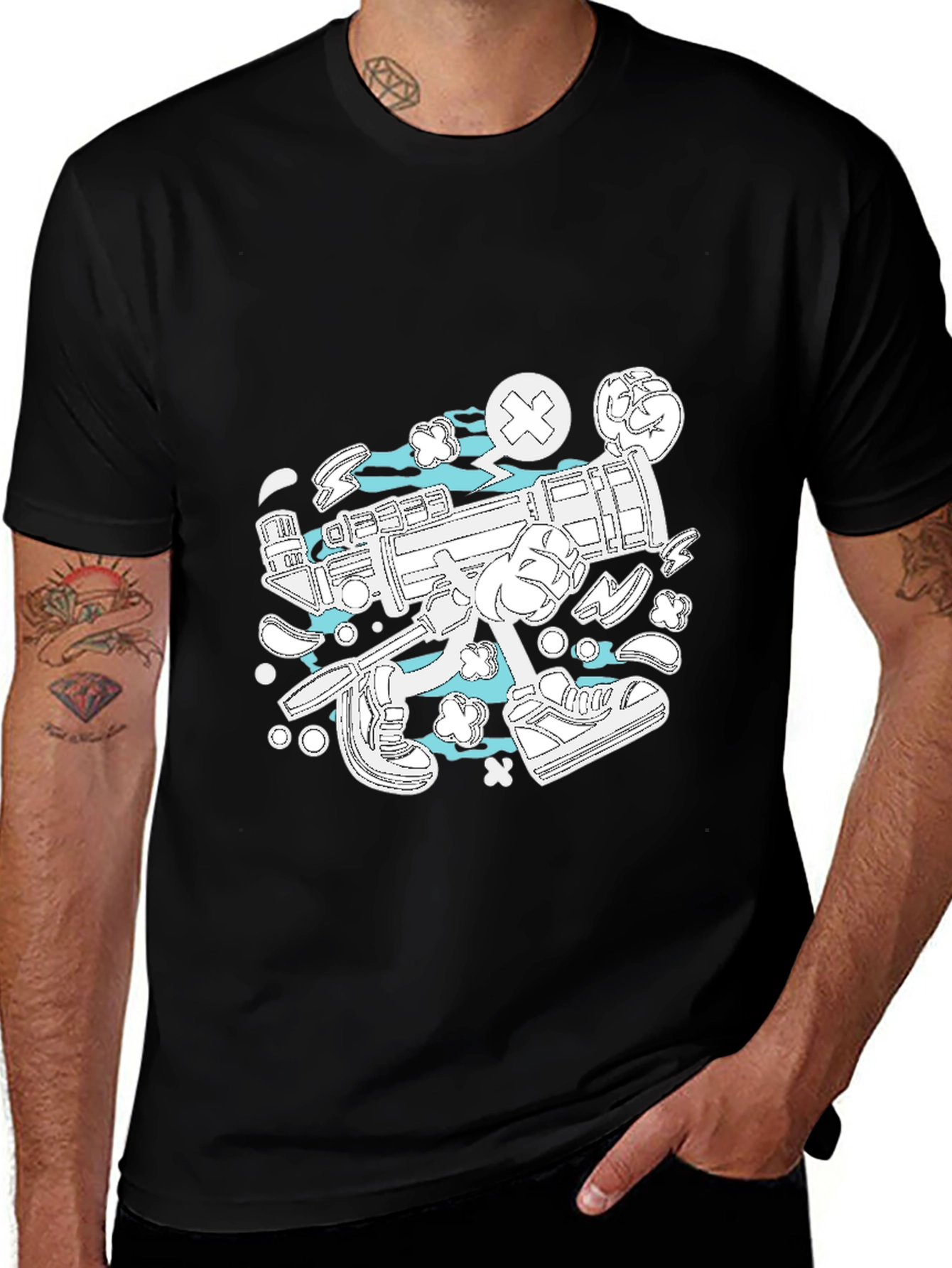 Variant 29 of Funky Cartoon Style Graphic Tee - Black Cotton