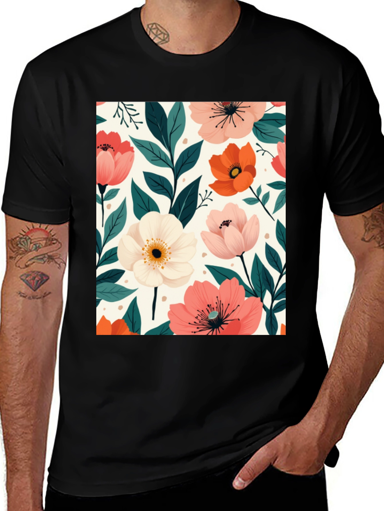 Variant 28 of Floral Print Men's Black T-Shirt