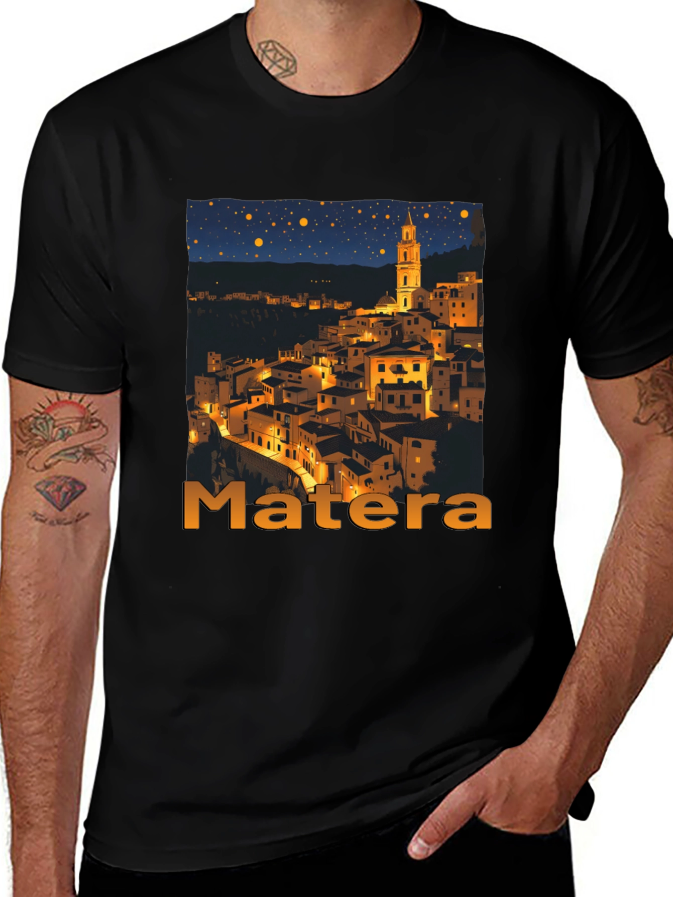 Matera Italy Nightscape Black T-Shirt