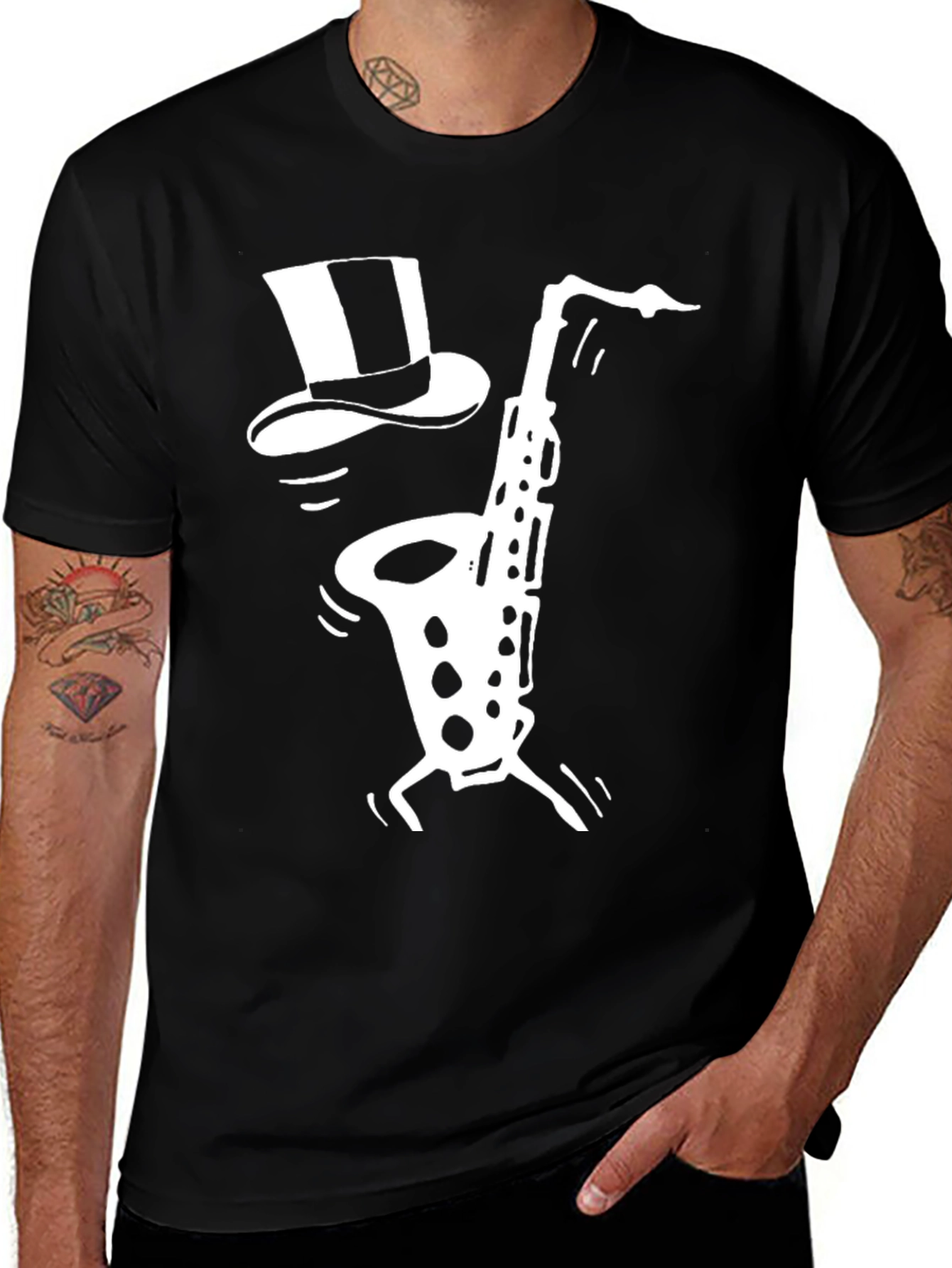 Variant 29 of Black Saxophone Top Hat Graphic Tee