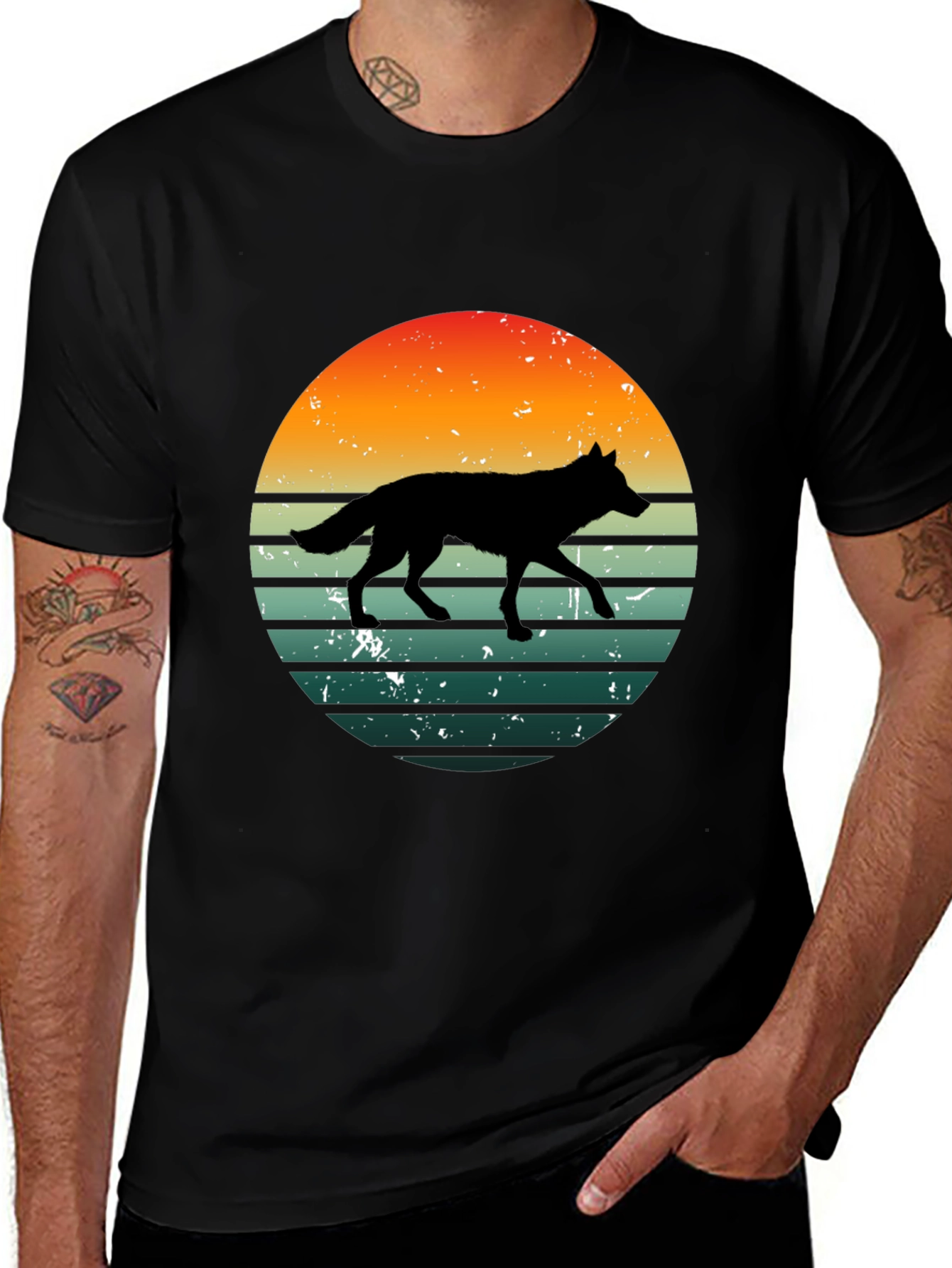 Variant 20 of Retro Wolf Sunset Graphic Tee - Black Cotton T-Shirt
