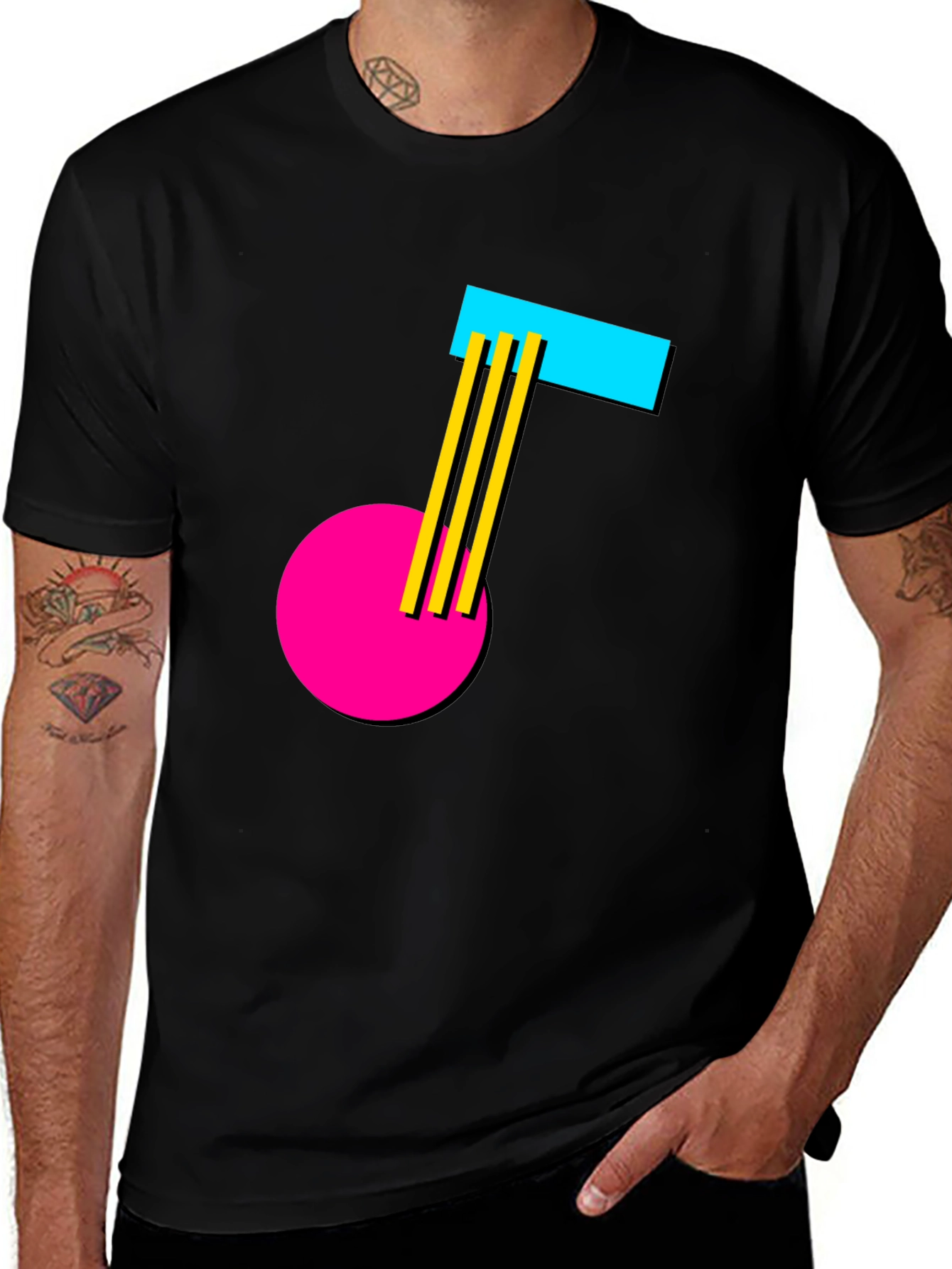 Variant 20 of Retro Graphic Tee - Pink Circle, Blue Rectangle, Yellow Lines, Black T-Shirt