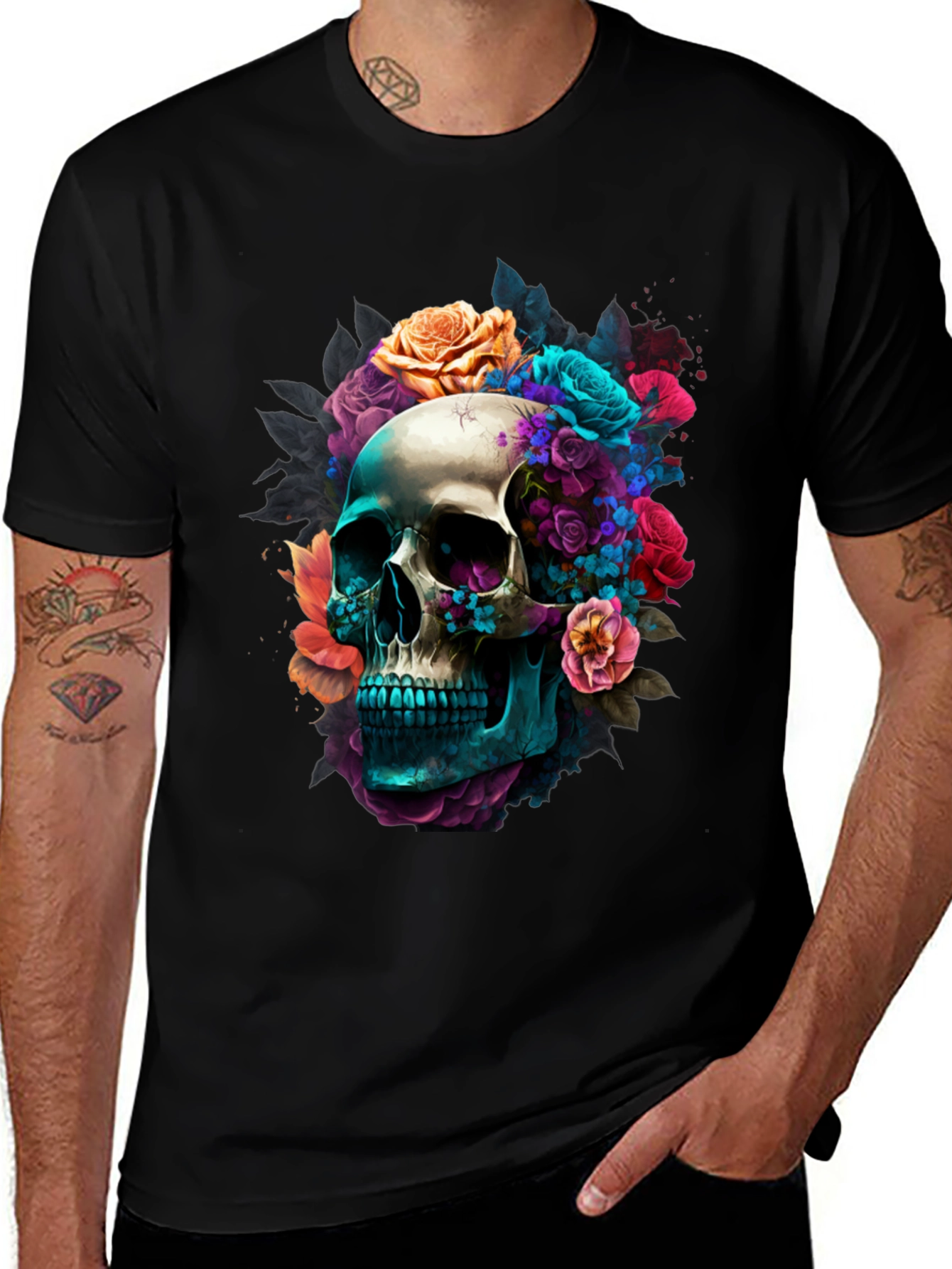 Variant 7 of Floral Skull Graphic Black T-Shirt