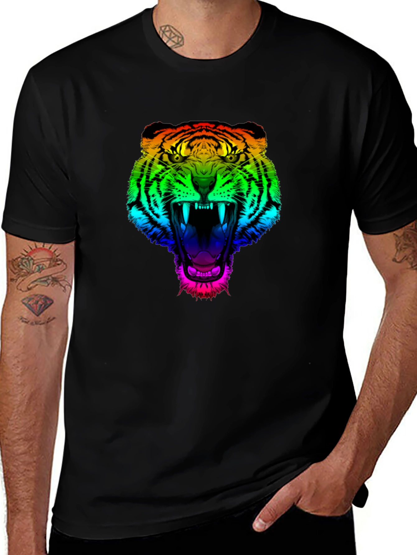 Variant 24 of Rainbow Tiger Graphic Tee - Men's Black T-Shirt