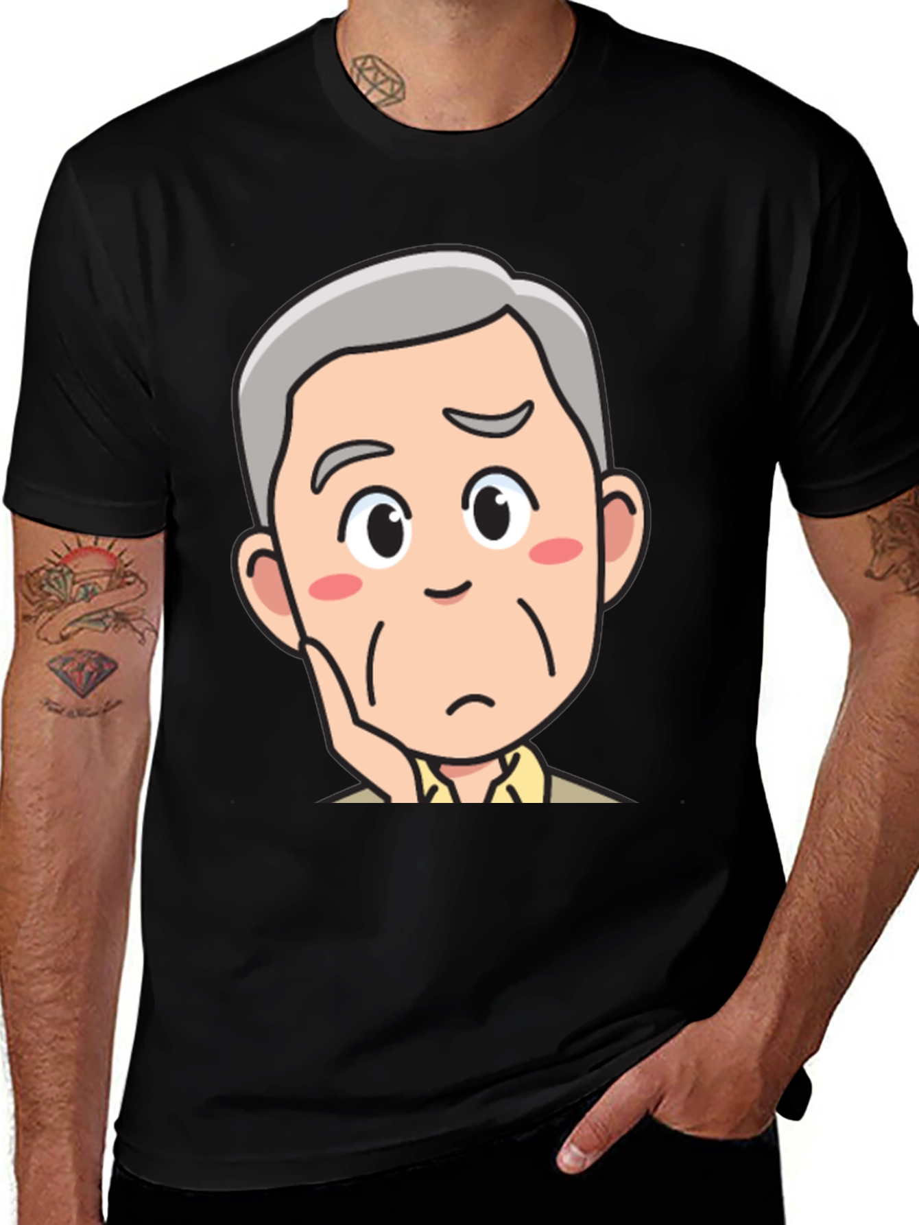 Variant 21 of Pensive Cartoon Man Black T-Shirt