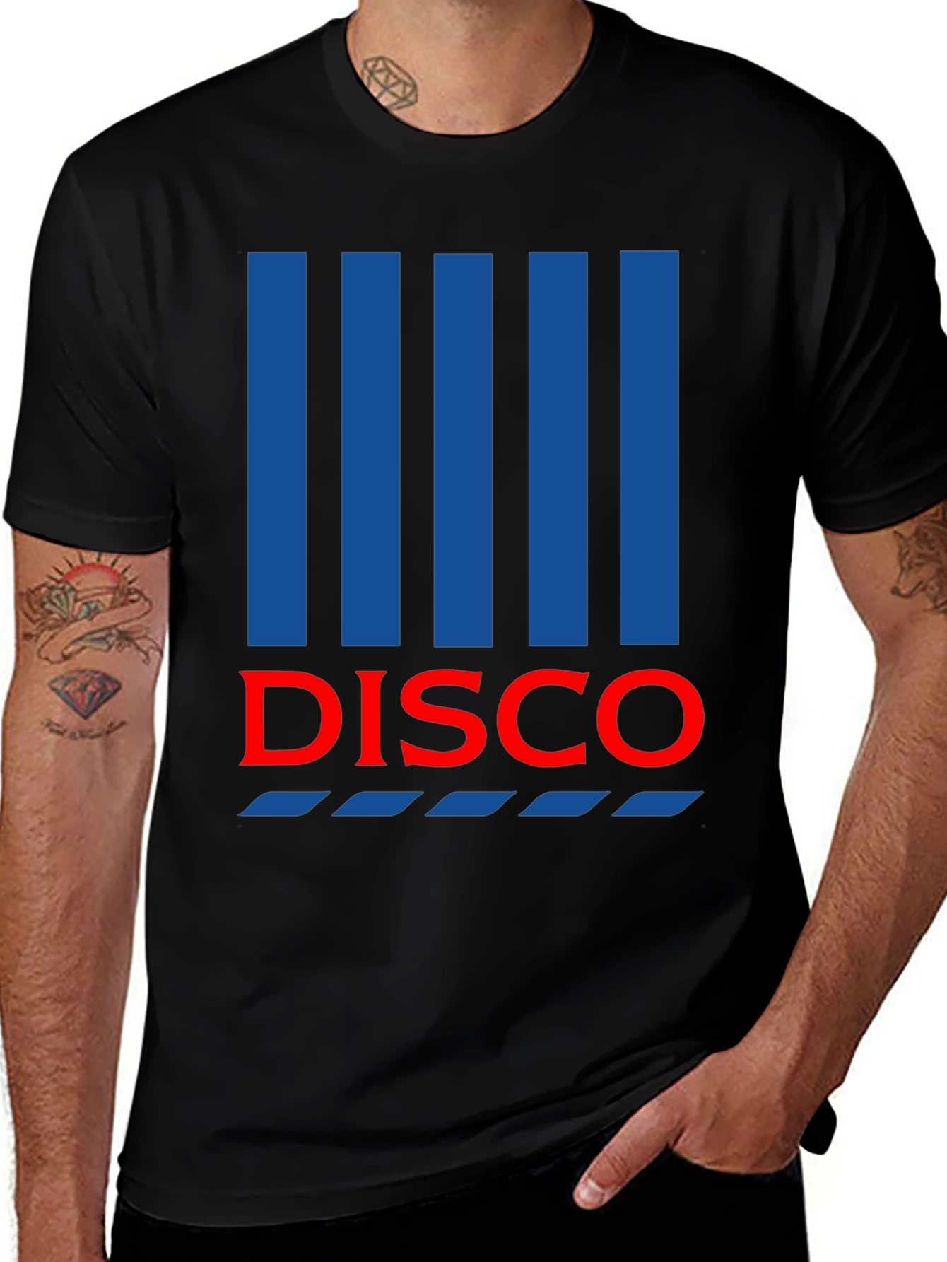 Retro Disco T-Shirt - Black with Blue Stripes