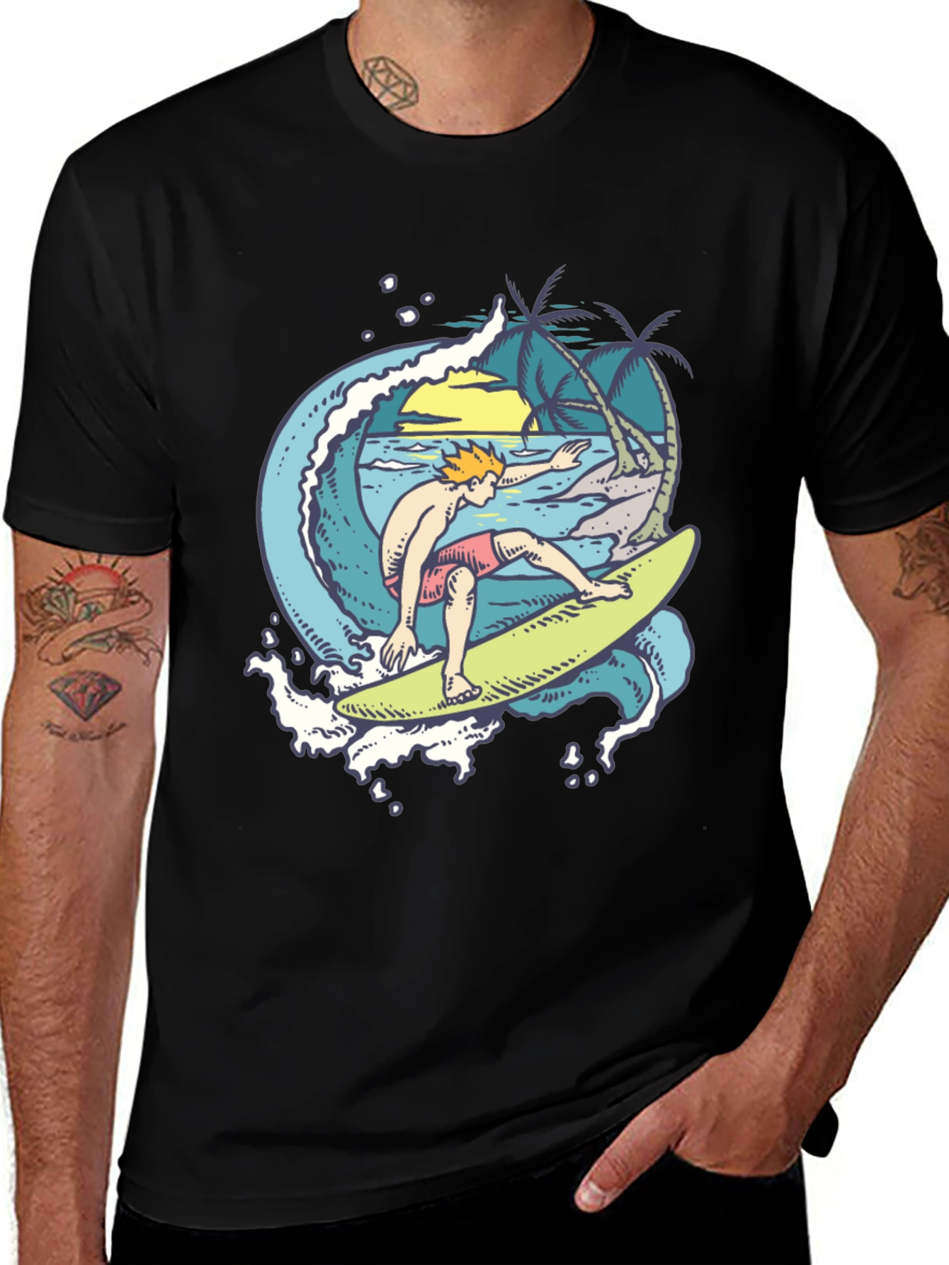 Variant 26 of Surfer Wave Graphic Black T-Shirt