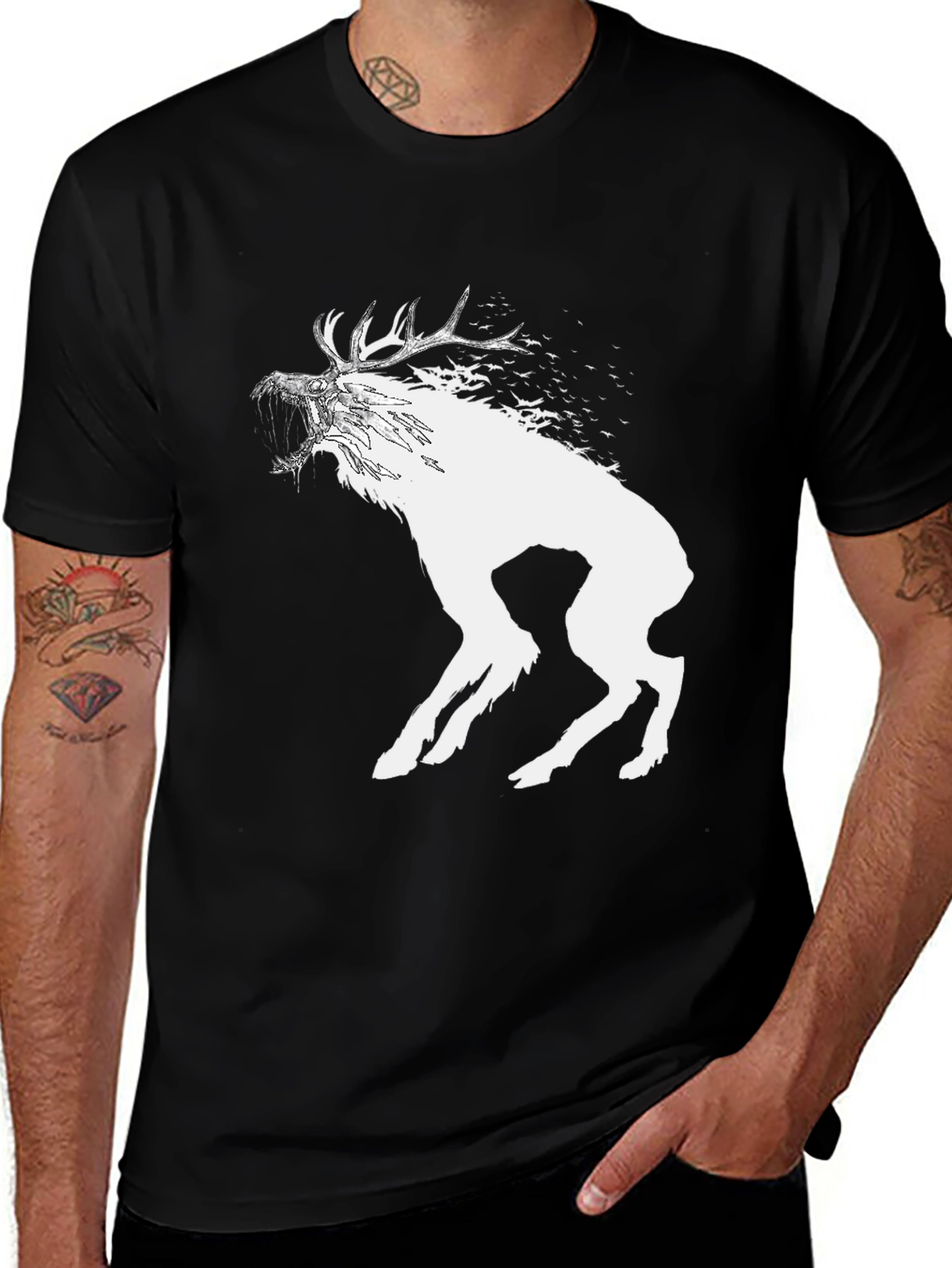 Variant 3 of Men's Black T-shirt with White Stag Graphic