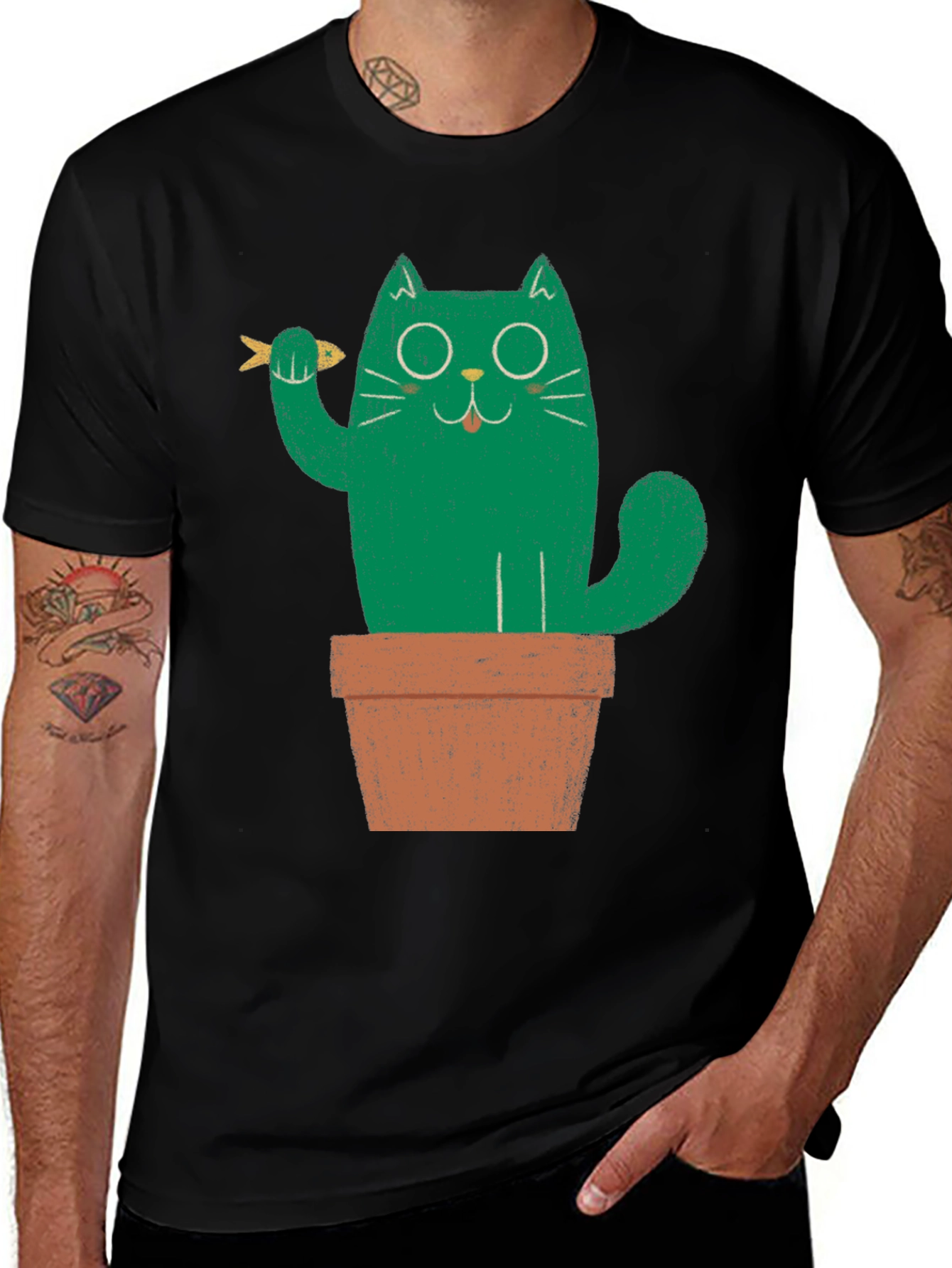Variant 17 of Funny Cat in Pot Graphic Tee - Black Cotton T-Shirt