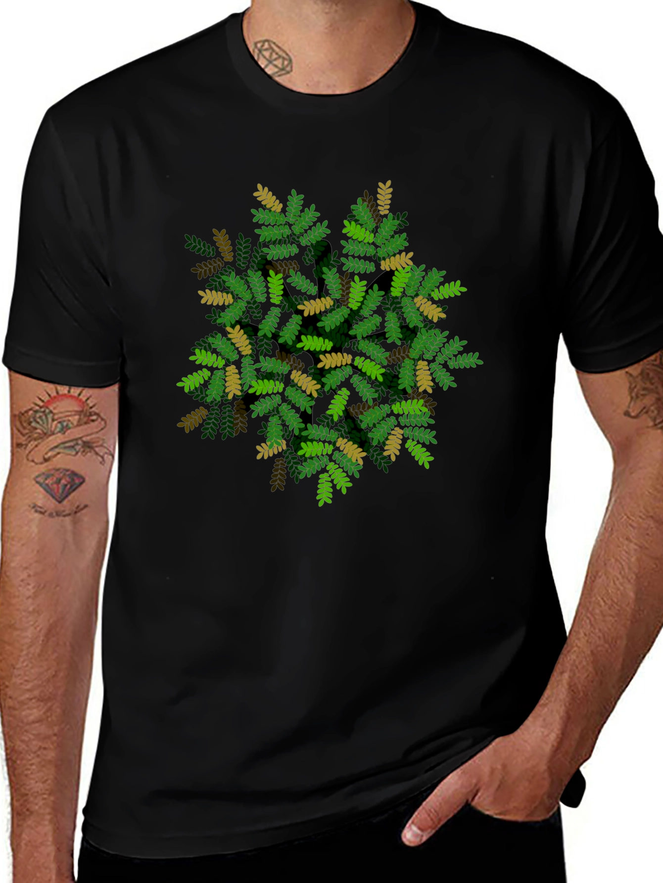 Variant 27 of Leaf Pattern Black T-Shirt - Nature Inspired Design