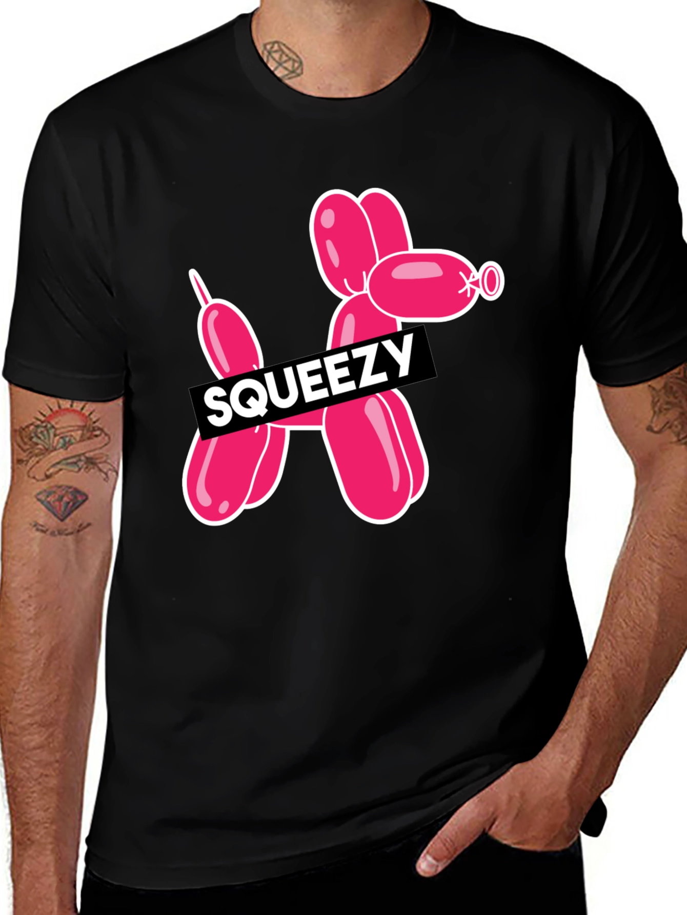 Squeezy Balloon Dog Graphic Tee - Stylish Black T-Shirt