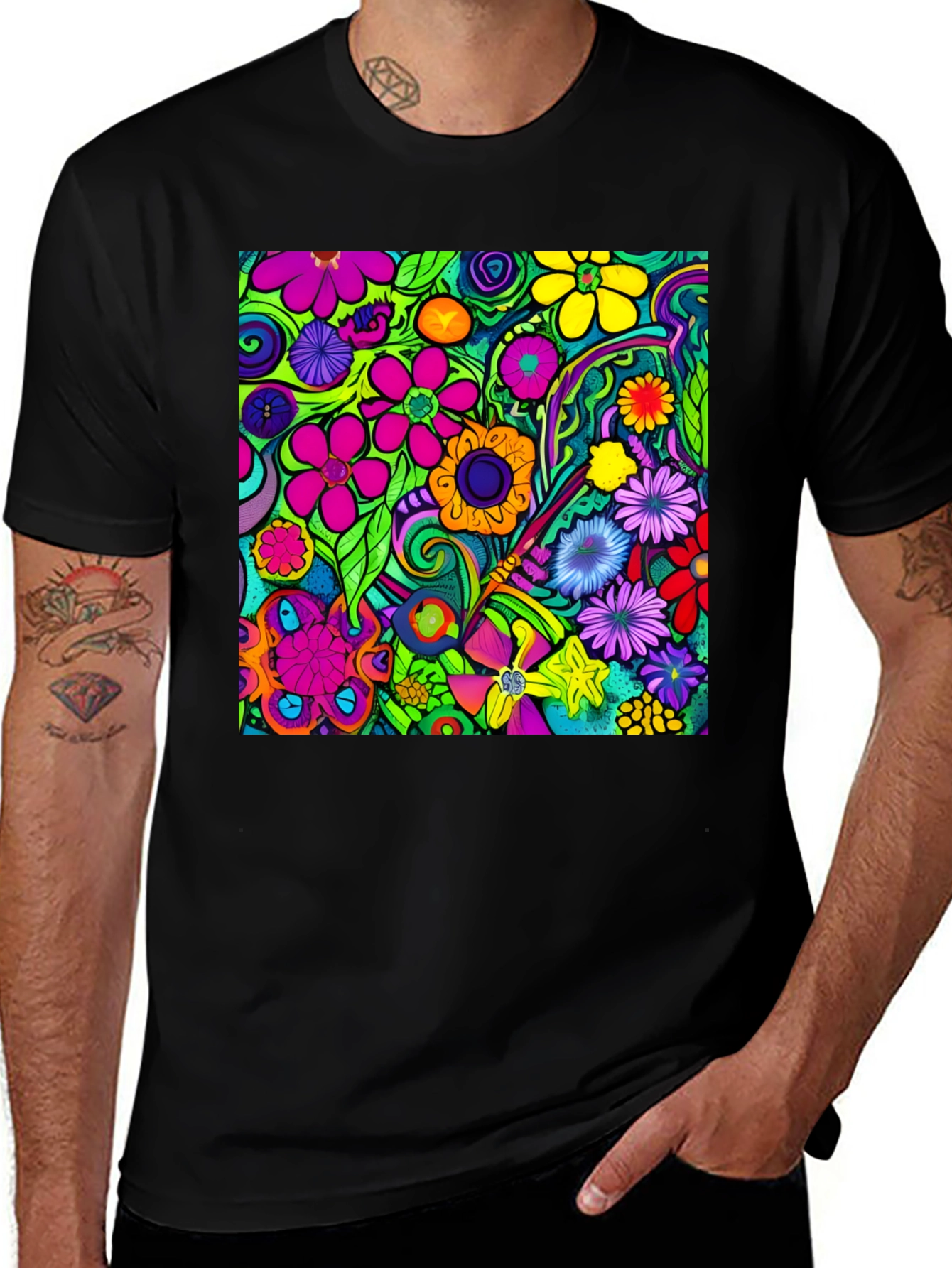 Variant 7 of Vibrant Floral Pattern Black T-Shirt