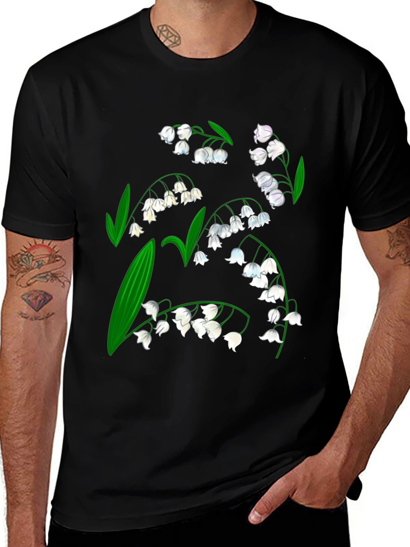 Variant 12 of Lily of the Valley Graphic Tee - Black Cotton Shirt