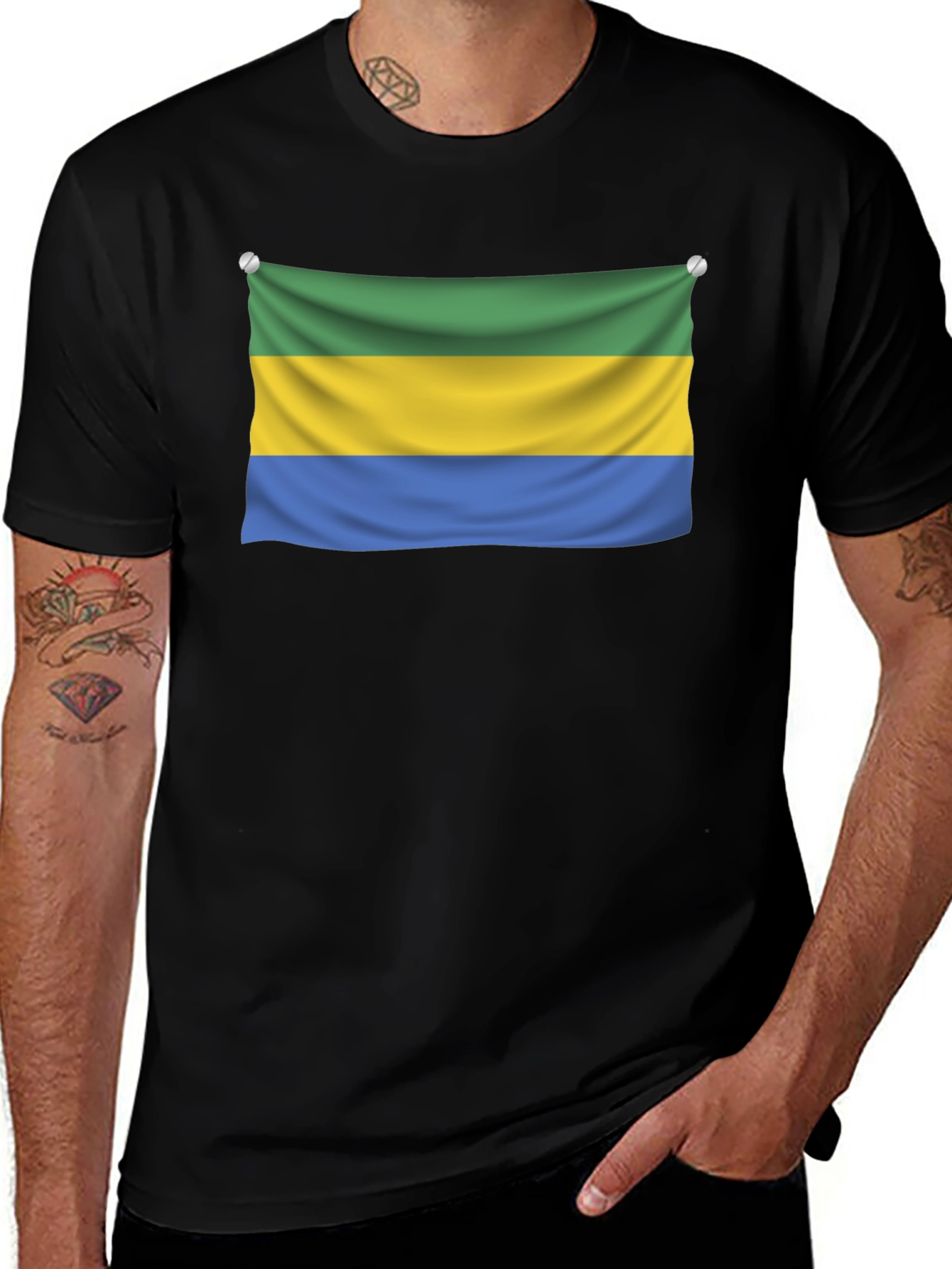 Gabon Flag T-Shirt - Black Crew Neck Tee