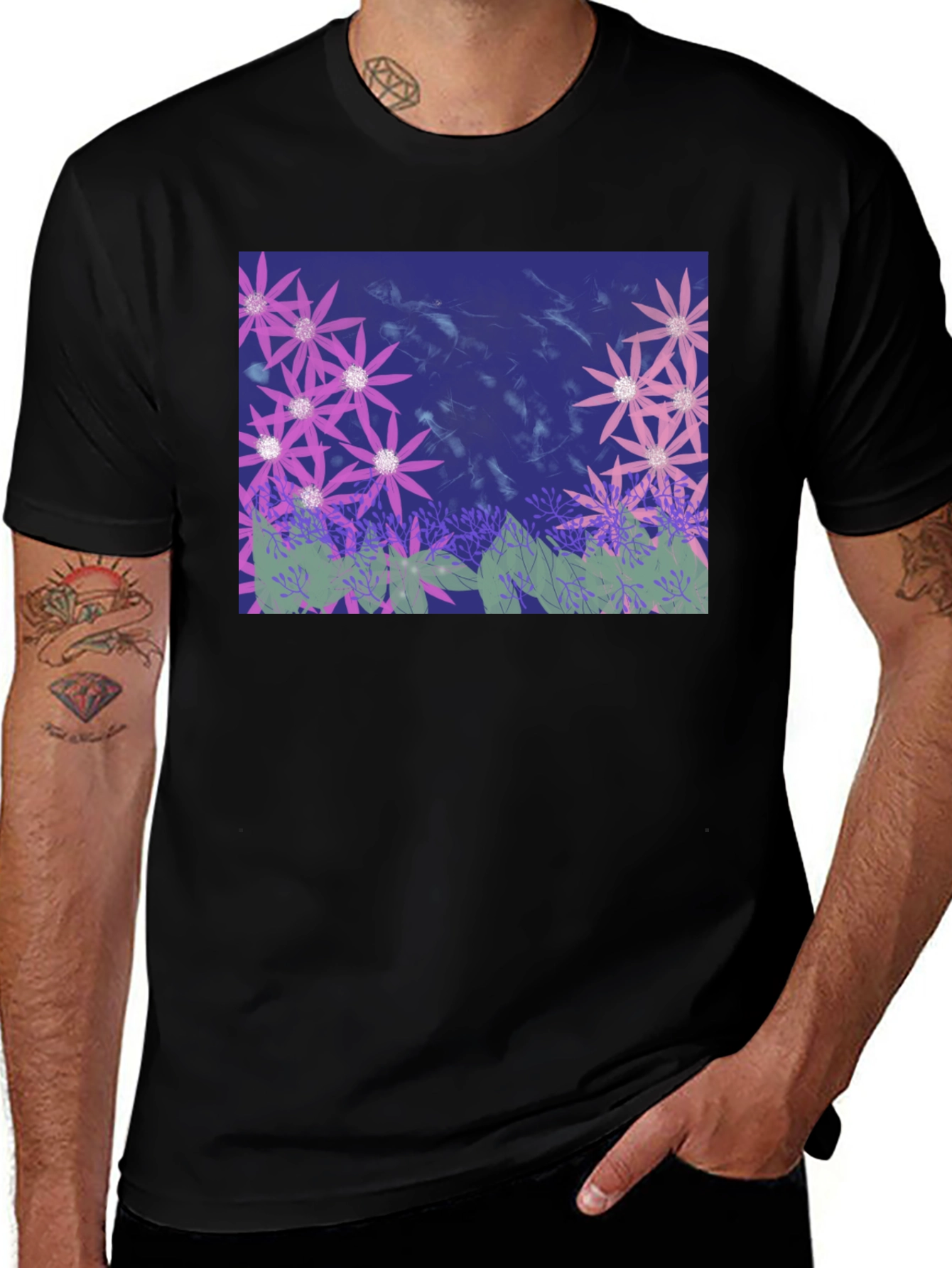 Variant 15 of Floral Print Black Cotton T-Shirt