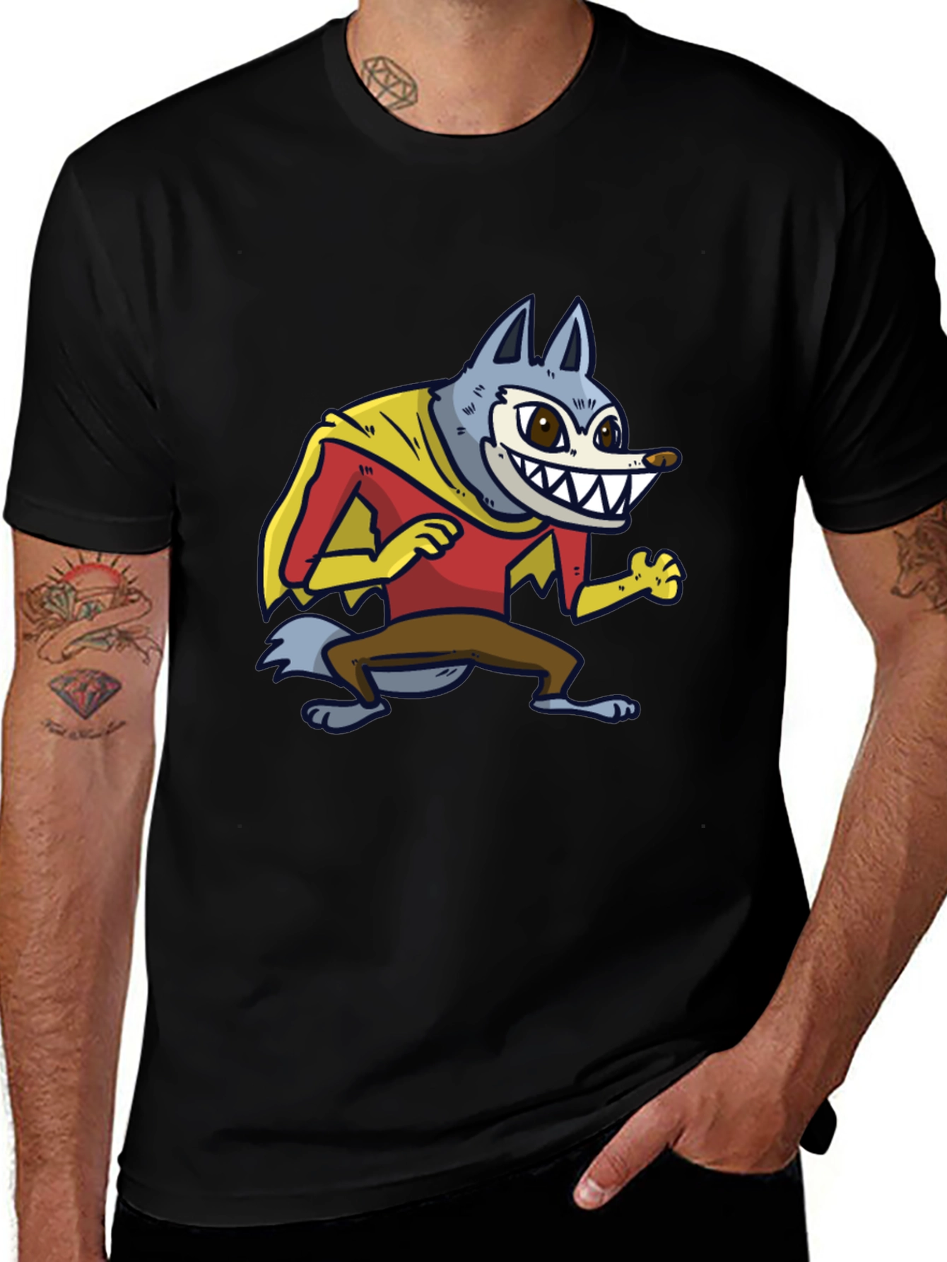 Variant 23 of Cartoon Wolf Superhero Graphic Tee - Black