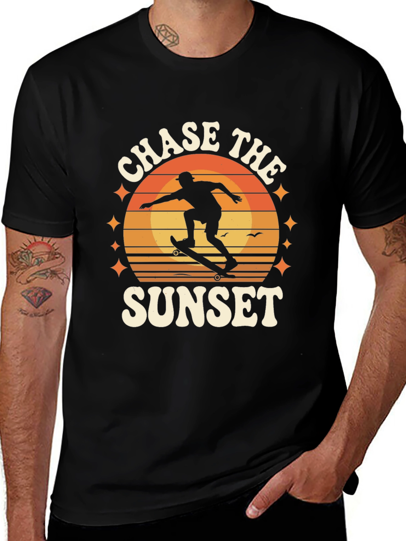 Chase the Sunset Black Graphic Tee - Skateboarder Design