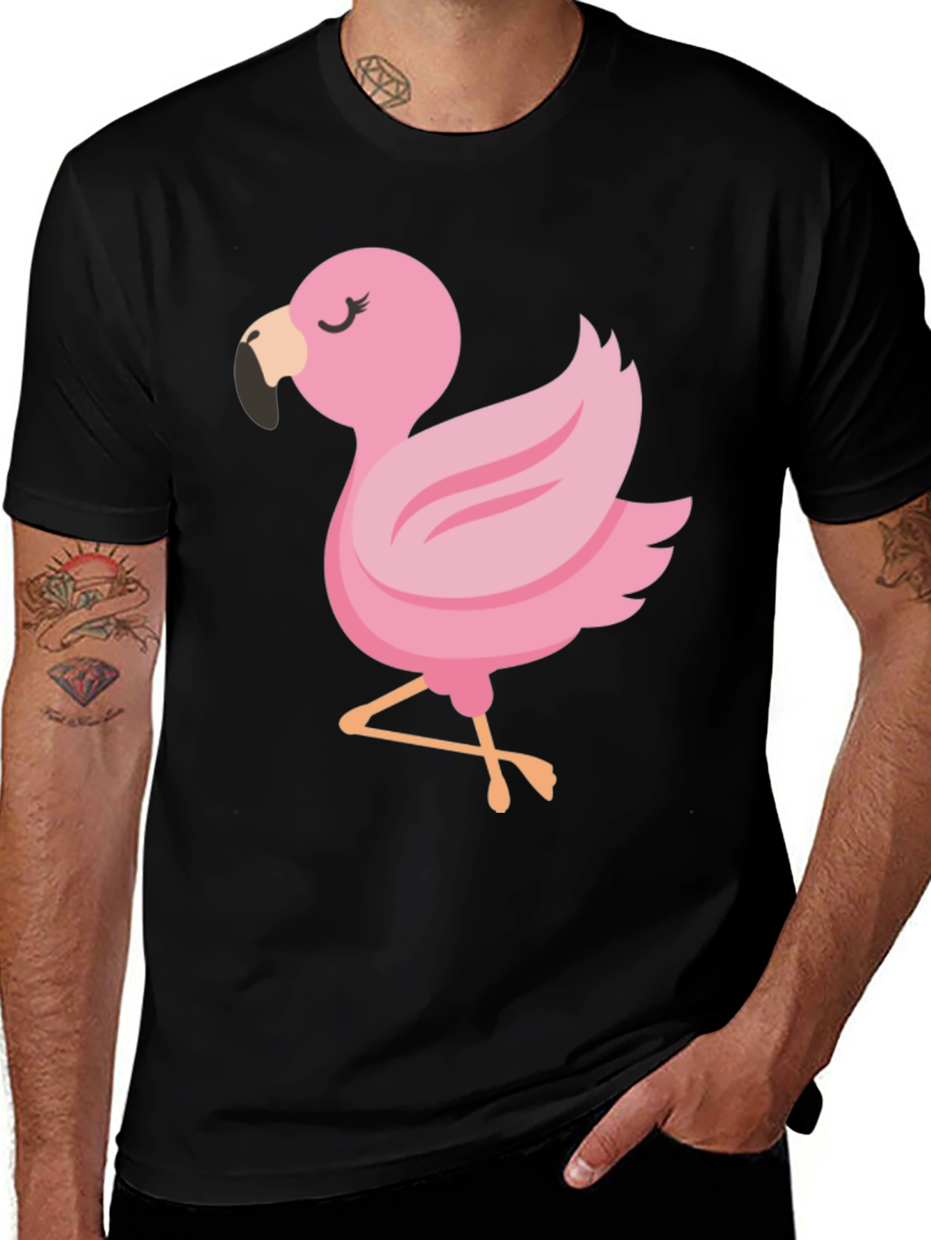 Men's Black T-Shirt with Cute Flamingo Graphic