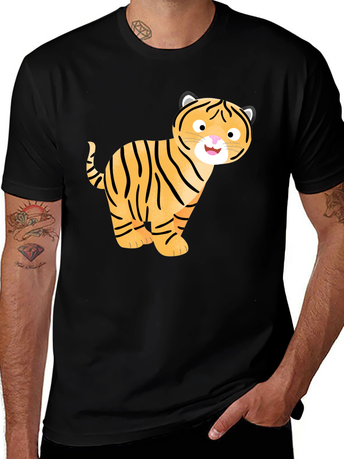 Cute Cartoon Tiger Graphic T-Shirt - Black