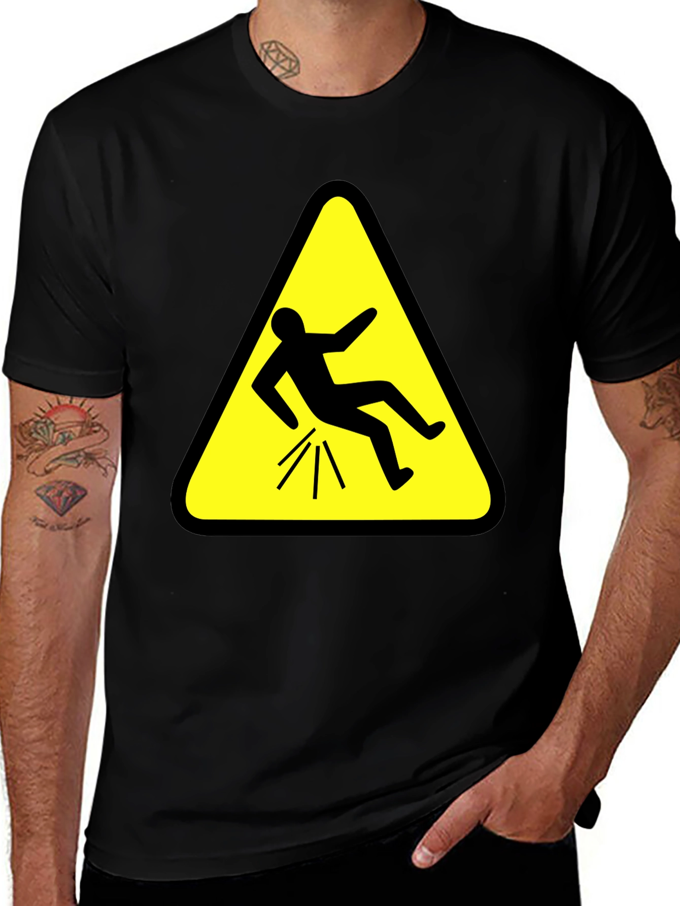 Variant 10 of Funny Falling Man Hazard Sign Black T-Shirt