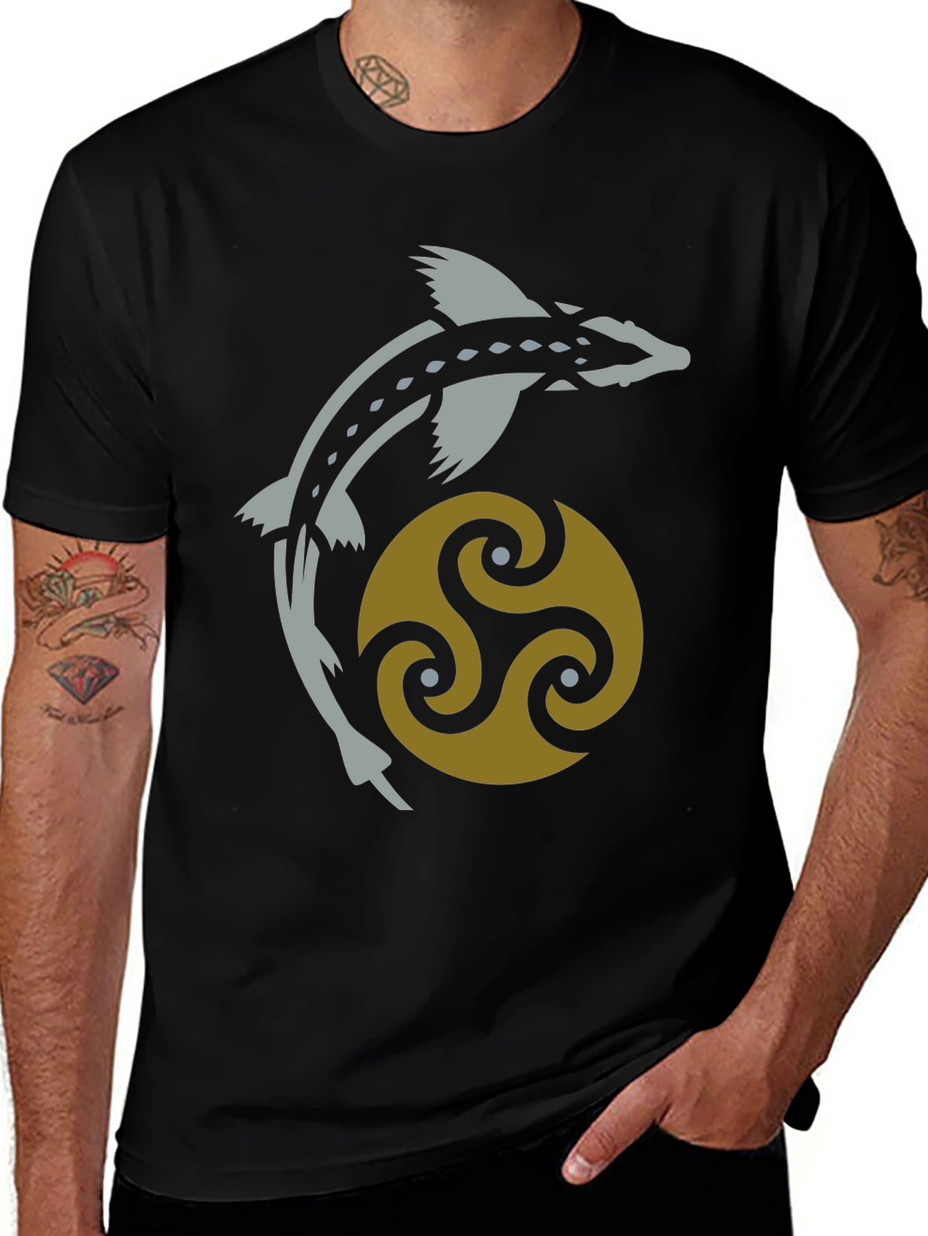 Variant 18 of Celtic Fish Graphic Tee - Black Cotton Blend