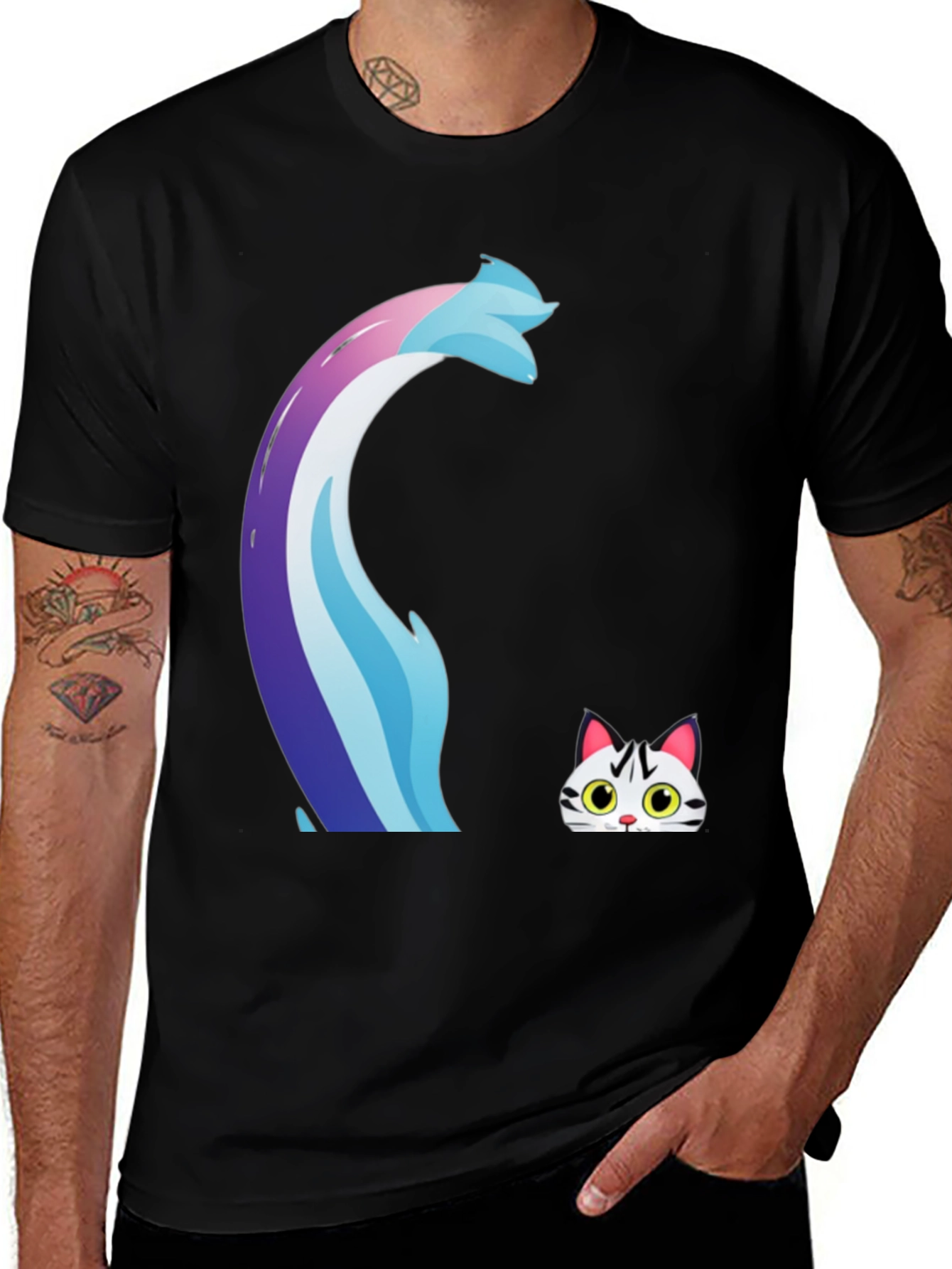 Variant 19 of Whimsical Cat & Wave Graphic Tee - Black
