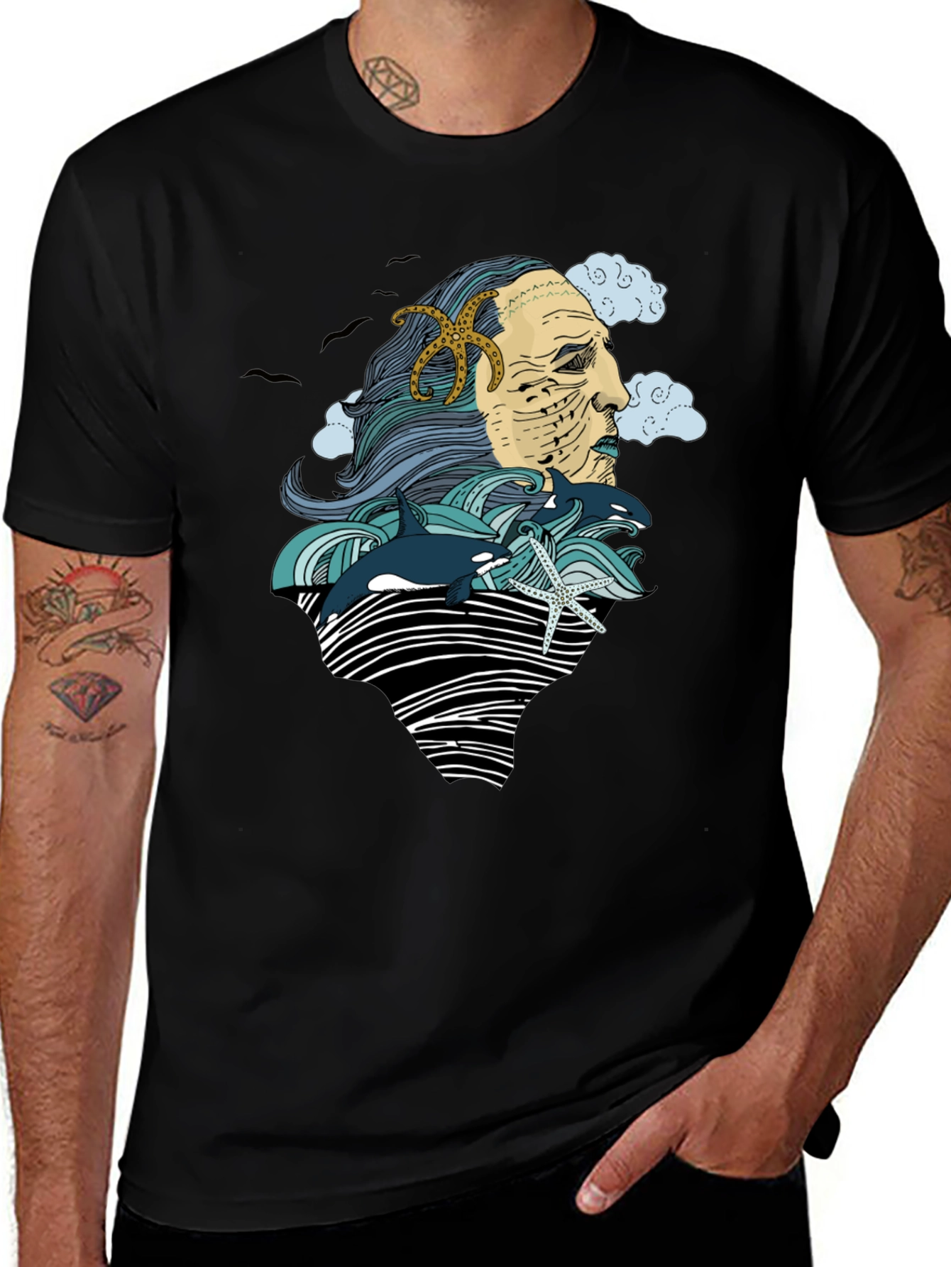 Variant 7 of Ocean Deity Graphic Tee - Black Cotton T-Shirt