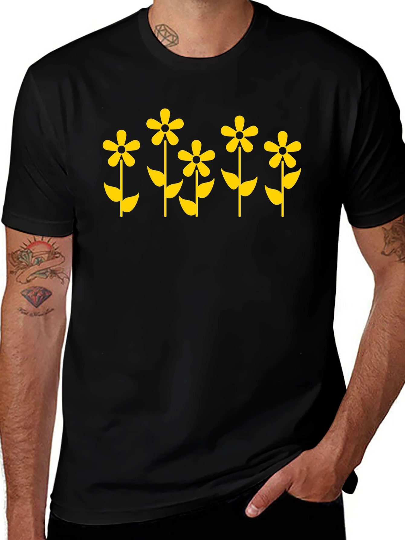 Variant 20 of Retro Floral Graphic Tee - Black Cotton Blend Shirt