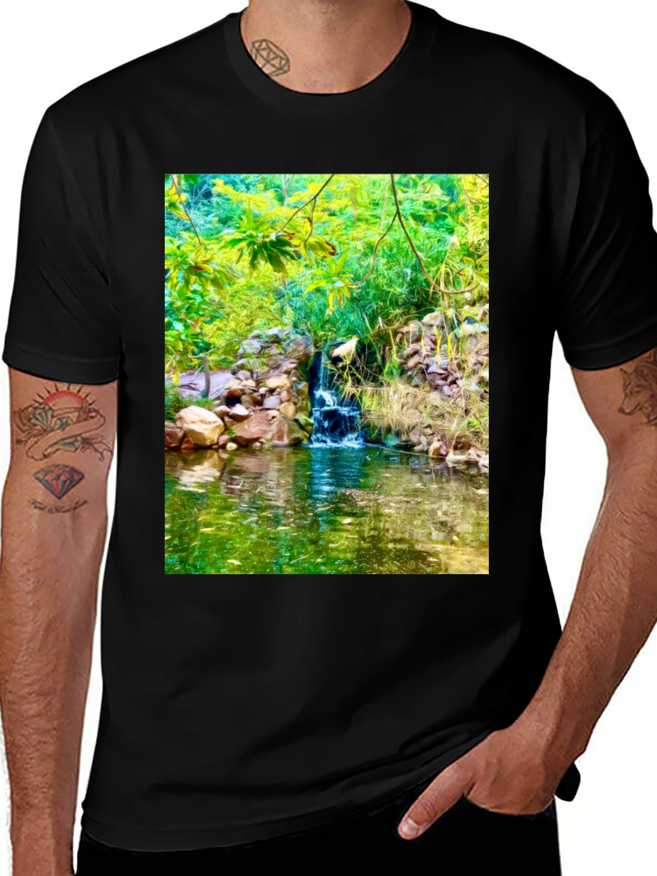 Variant 8 of Waterfall Scene Graphic Tee - Nature Lover's Black T-Shirt