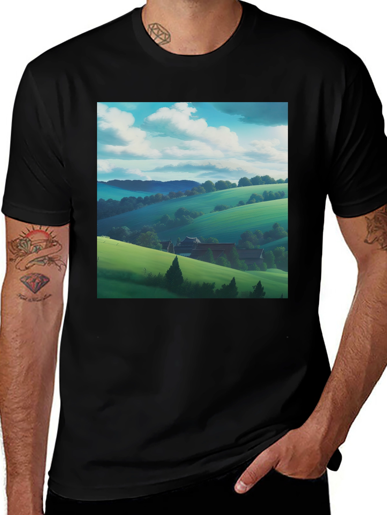 Variant 9 of Pastoral Landscape Graphic Tee - Black Cotton Blend