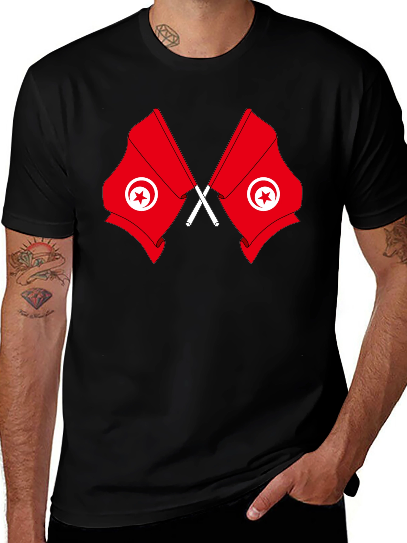 Variant 9 of Tunisia Flag Graphic T-Shirt - Black Cotton Tee