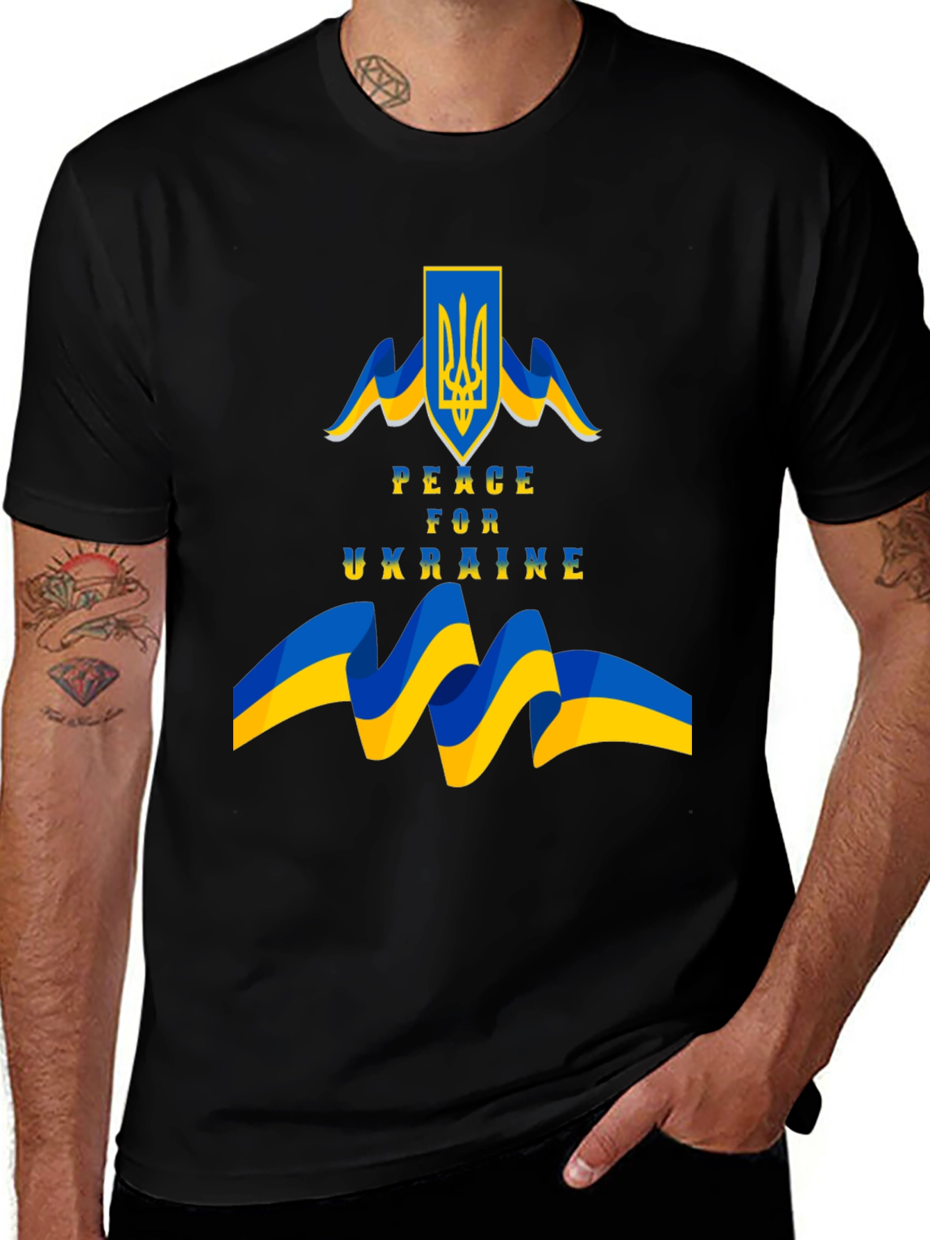 Peace for Ukraine Black T-Shirt with Flag Emblem