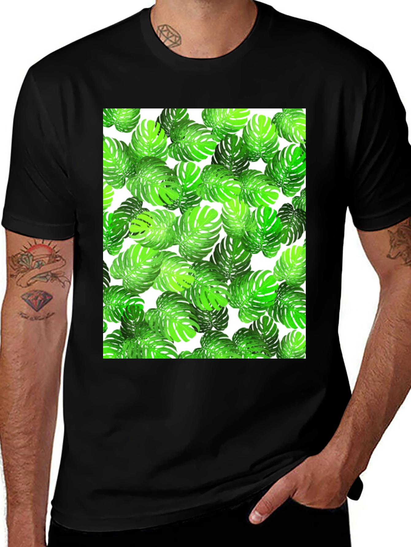 Variant 5 of Tropical Monstera Leaf Print Black T-Shirt